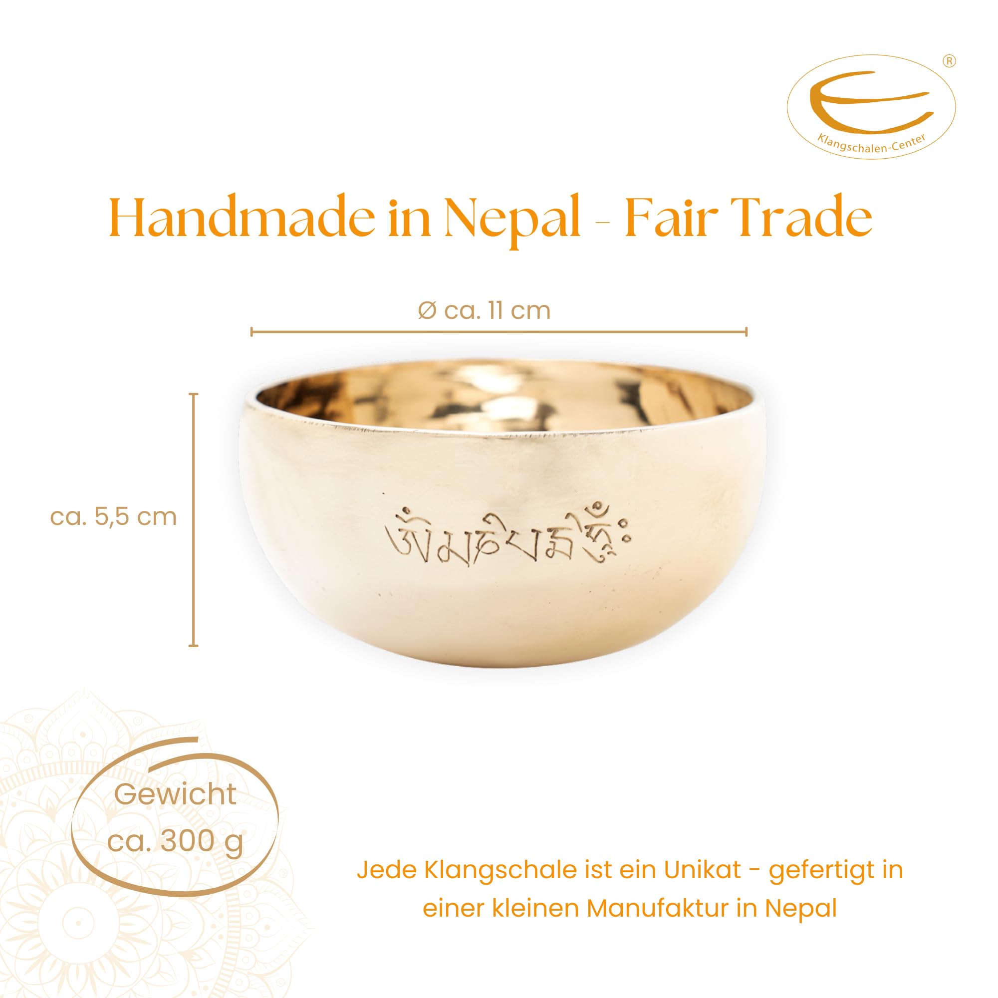 Campana tibetana 300-350 g con incisione mantra, forgiata a mano | Commercio equo e solidale dal Nepal, per meditazione e relax, accessori inclusi