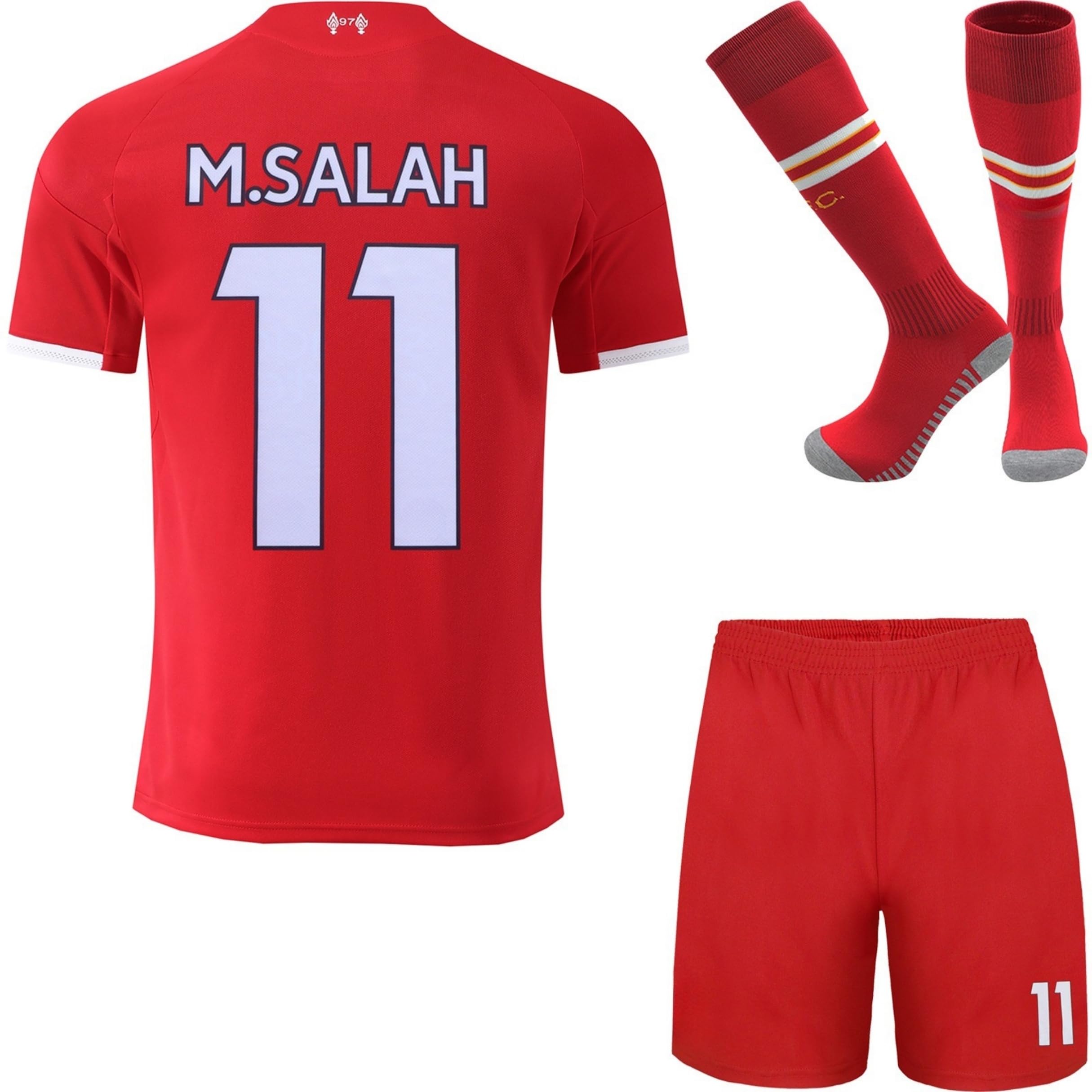 HUSSATEX Lpool 2025/2026 Salah Mo. Heim Kinder Fußball Trikot & Shorts mit Socken Geschenk Set Jugendgrößen (Rot,30)