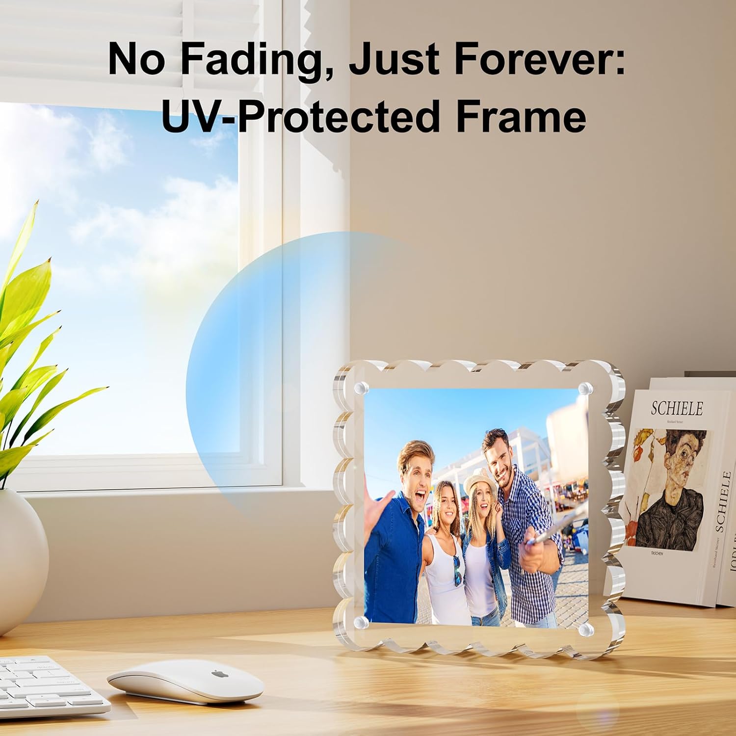 HELPLEX Acrylic Picture Frames 5x5, 3 Pack Clear Magnetic Lucite Frames, 20% Thicker 12+12mm Double-Sided Display, Freestanding Scalloped Design for Desktop