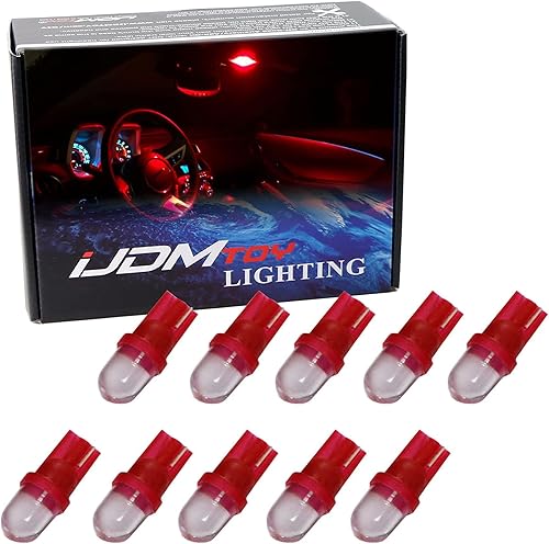 iJDMTOY 10 Bombillas LED de repuesto de 1 LED de 168 175 194 2825 W5W T10 de color rojo brillante compatibles con luces interiores de automóvil