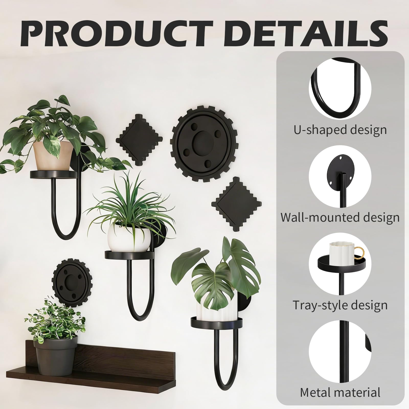 3 Sztuki Półek Ściennych na Rośliny, Nowoczesny Design w Kształcie Litery U, Kwietnik z Metalu w Kolorze Czarnym, Stojak Wiszący do Doniczek i Dekoracji, Idealny do Balkonu Lub Okna i Salonu
