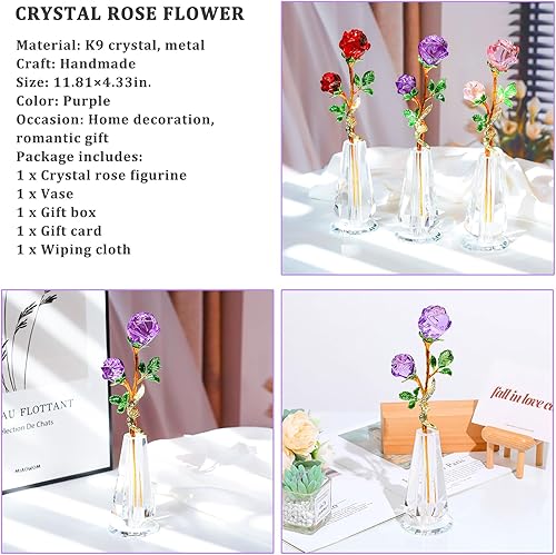 Miniatura 4 de YWHL Figura de cristal hecha a mano con florero, ramo de flores de cristal, adorno de rosas para esposa, mujer, flor de cristal, decoración de mesa