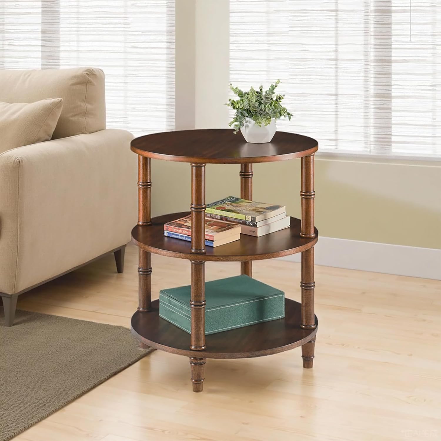 3-Tier Solid Wood Round End Table, Sofa Side Table with Open Storage Shelf Accent Corner Table with Wood Finish, Nightstand with Bamboo-Inspired Legs for Narrow Spaces, Dark Brown, 19.7"D x 23.6"H