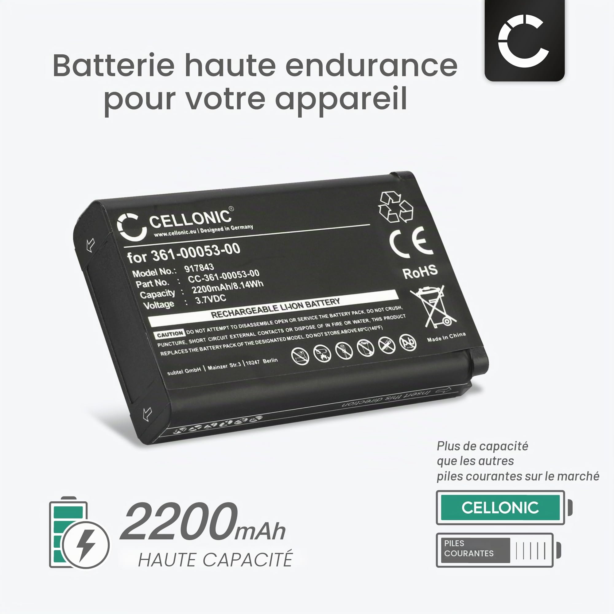 CELLONIC 1x Batterie Compatible avec Garmin Alpha 100, 200, 200i, 300 | 1x, (2200mAh, 3.7V, Lithium Ion), GPS / Navigation Batterie pour Garmin Atemos 100 GPS, Montana 610, 680, 600, 680t