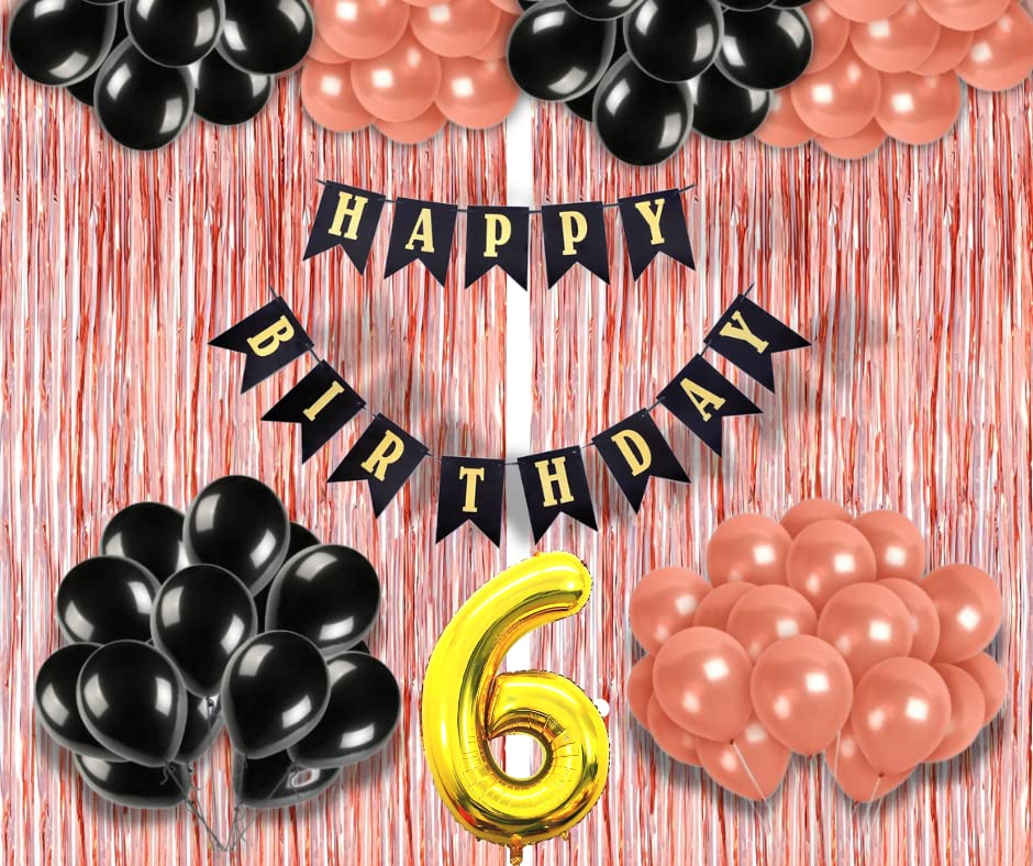 Image of 6th Birthday Decoration items for Girls with Black and Rose Gold Balloons, Black Happy Birthday Banner, Rose Gold Foil Curtain, Foil Balloon number 6