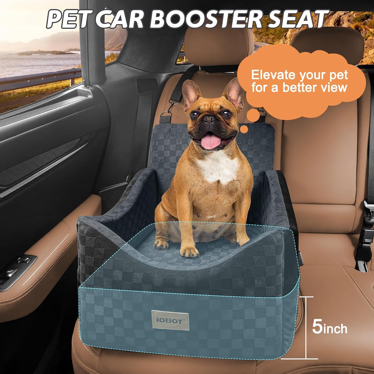 JOEJOY Elevated Dog Car Seat for Small/Medium Dogs up to 35 lbs, Memory Foam Booster Seat with Detachable Washable Cover, Travel-Safe Car Bed with Safety Belts & Storage Pockets, Dark Grey