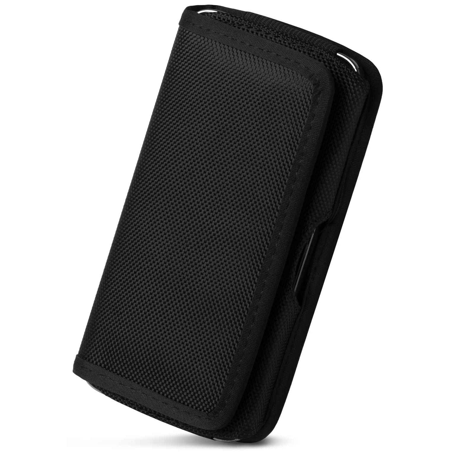 moex Funda de malla para iPhone 13 mini con cierre de velcro horizontal, funda para teléfono móvil con clip para cinturón, nailon resistente, funda horizontal con soporte para cinturón, color negro