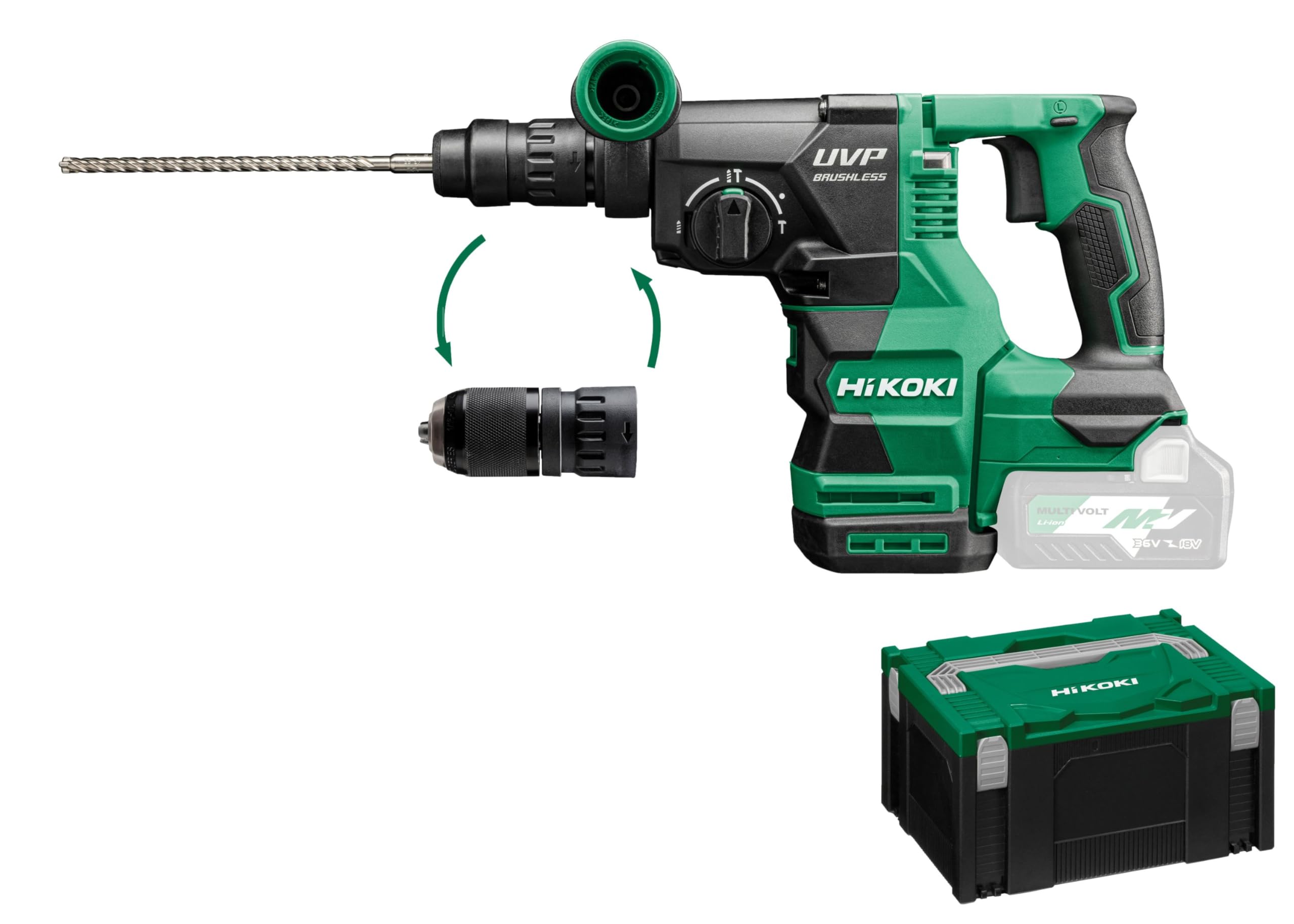 Hikoki Green / Black Akku Bohr-Und Meißelhammer Dh3628dcw2z, Sds-Plus (36V, Schlagenergie 3,2 J, Zubehör: 1 Zusatzhandgriff, 1 Bohrtiefenanschlag, 1 Schnellspann-Bohrfutter, 1 Hscii Koffer, Ohne Akku Und Ladegerät)