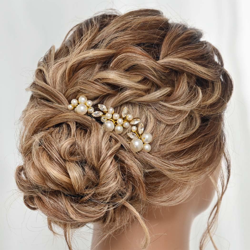 Kilshye Pearl Bride Wedding Hair Pins Gold Rhinestone Bridal Hair Pieces Crystal Prom Hair Accessories for Women and Girls (Pack of 3) (Gold) - Image 3