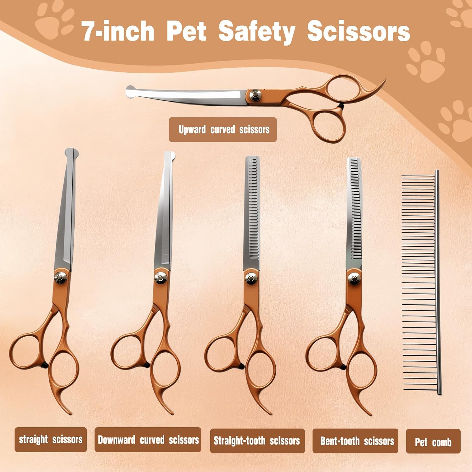 Professional 7.0 Inches Dog Grooming Scissors Kit Cutting Curved Scissors Thinning Shears Grooming Comb Pet Hair Trimming Scissors Set for Dogs and Cats