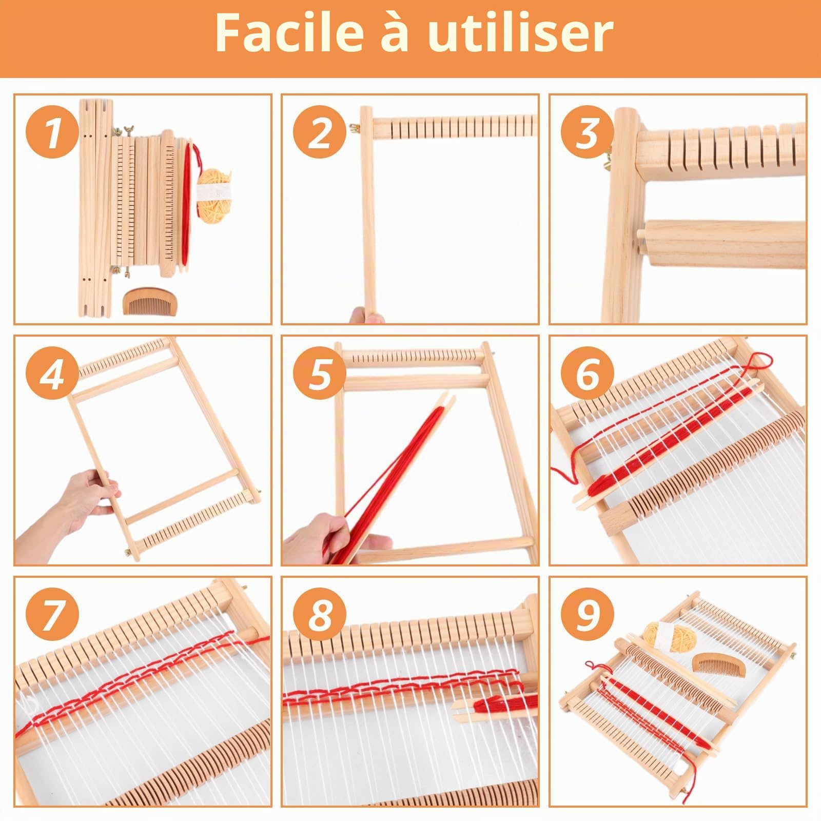 VIDETOL Kit de Métiers à Tisser en Bois 40 x 27 cm, Cadre Scolaire Avec Bateaux, Accessoires pour Tissage et Décoration