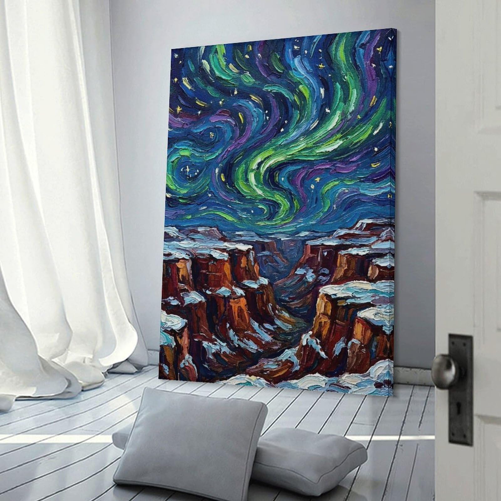 Junmoney Home Decor Wall Art Aurora Borealis Over Snowy Canyon, 20x30inch(50x75cm), for New Homes, Bedrooms Or Workspaces, Decorative Present for New Homes