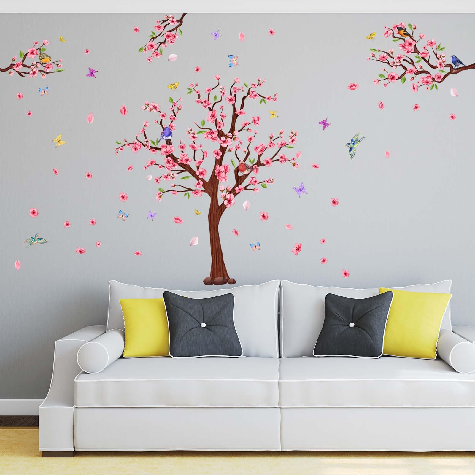 PinkEleph Large Cherry Blossom Tree Wall Stickers, Pink Flower Tree Branch Bird Floral Wall Decals - Image 2