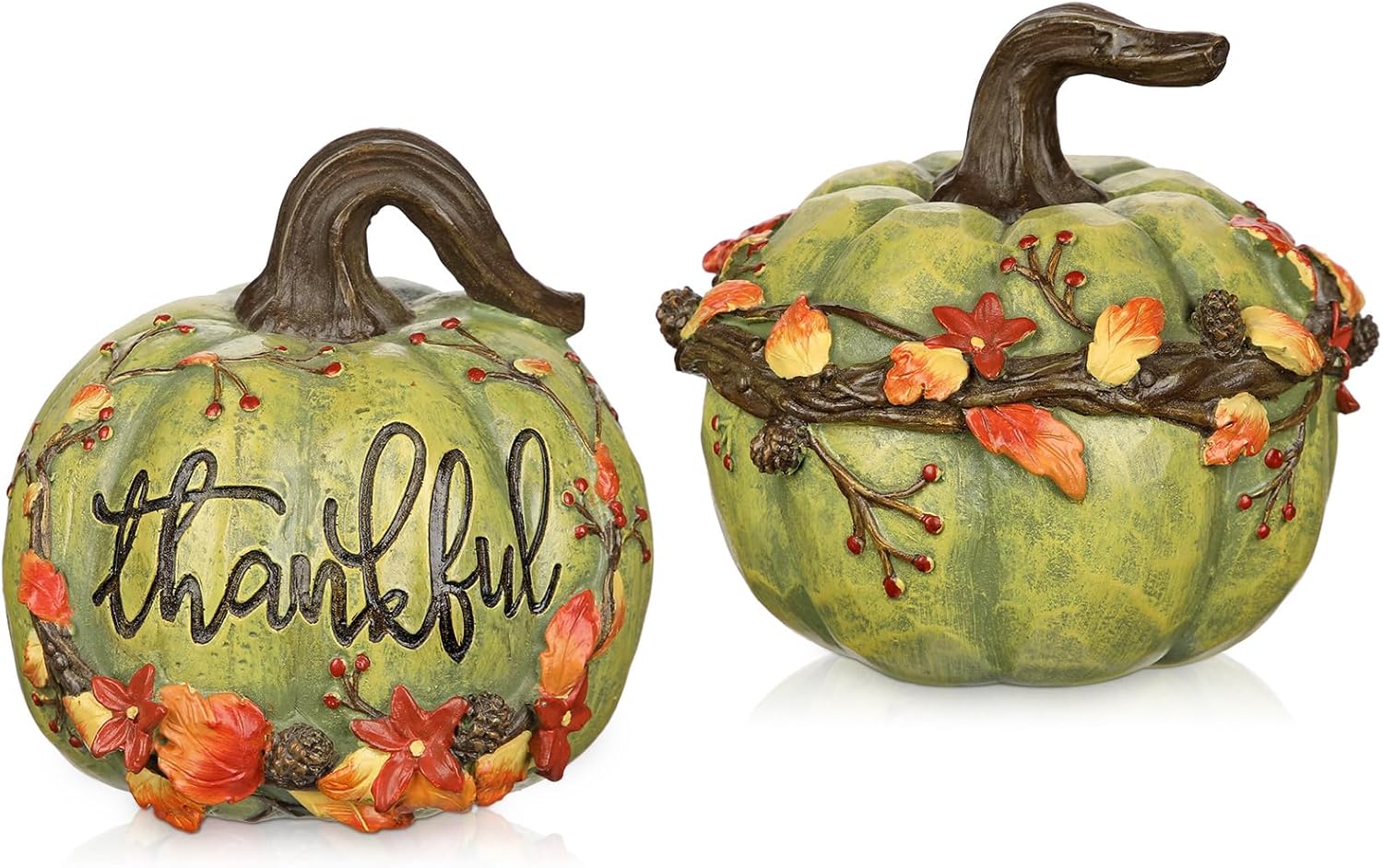 Fall Pumpkin Decor 2Pcs Fake Pumpkins Green Resin Carved Pumpkin Small Decorative Faux Pumpkins Fall Artificial Pumpkins for Home Table Farmhouse Mantel Halloween Thanksgiving Harvest Centerpieces