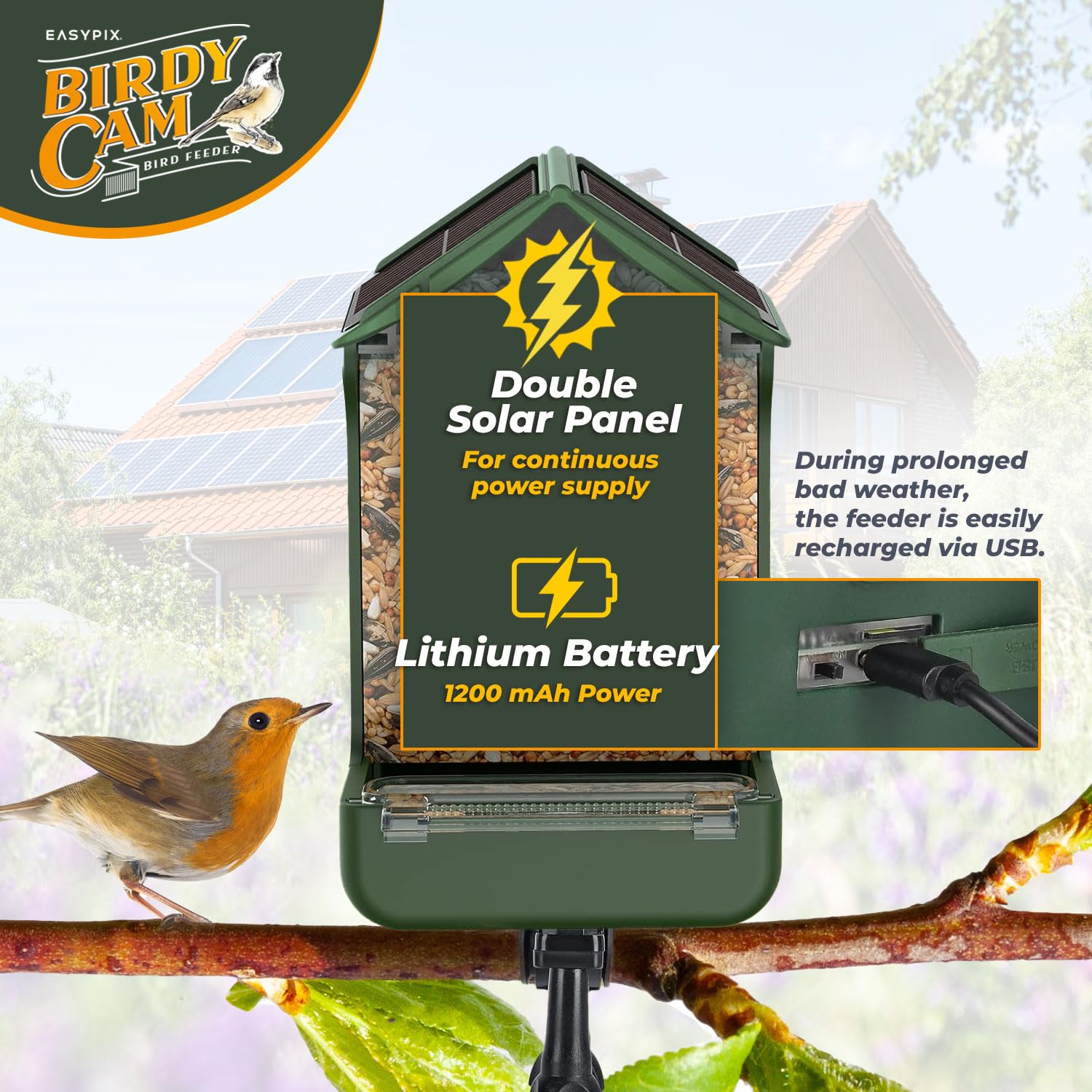 EASYPIX BirdyCam Comedero con Cámara Energía Solar Automático HD Video y Fotos de Pájaros Comedero Comedero para Jardín