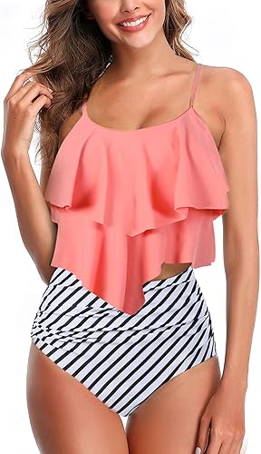 Miniatura 23 de Trajes de baño tipo tankini para mujer, parte superior con volantes y control de abdomen, diseño floral modesto, bikini de talle alto Rosa encendido