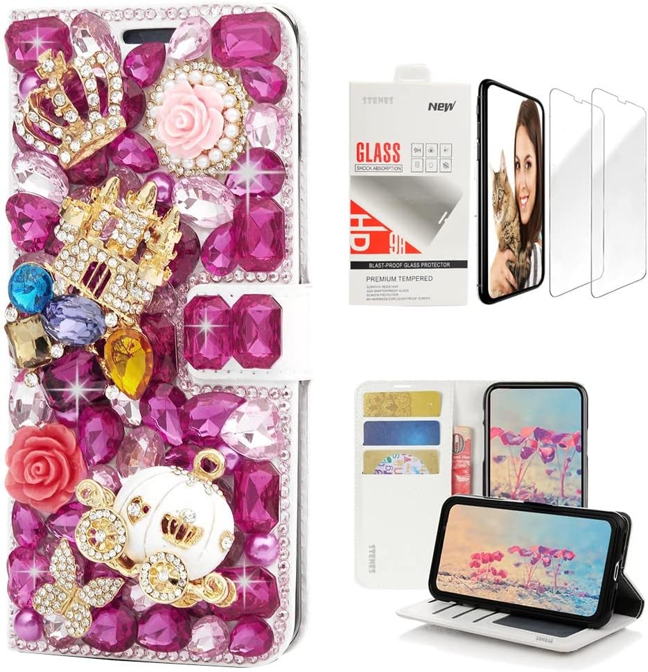 STENES Bling Wallet Phone Case Compatible with LG Stylo 6 - Stylish - 3D Handmade Crystal Rose Sexy Lips Lipstick Magnetic Wallet Leather Cover with Screen Protector [2 Pack] - Red