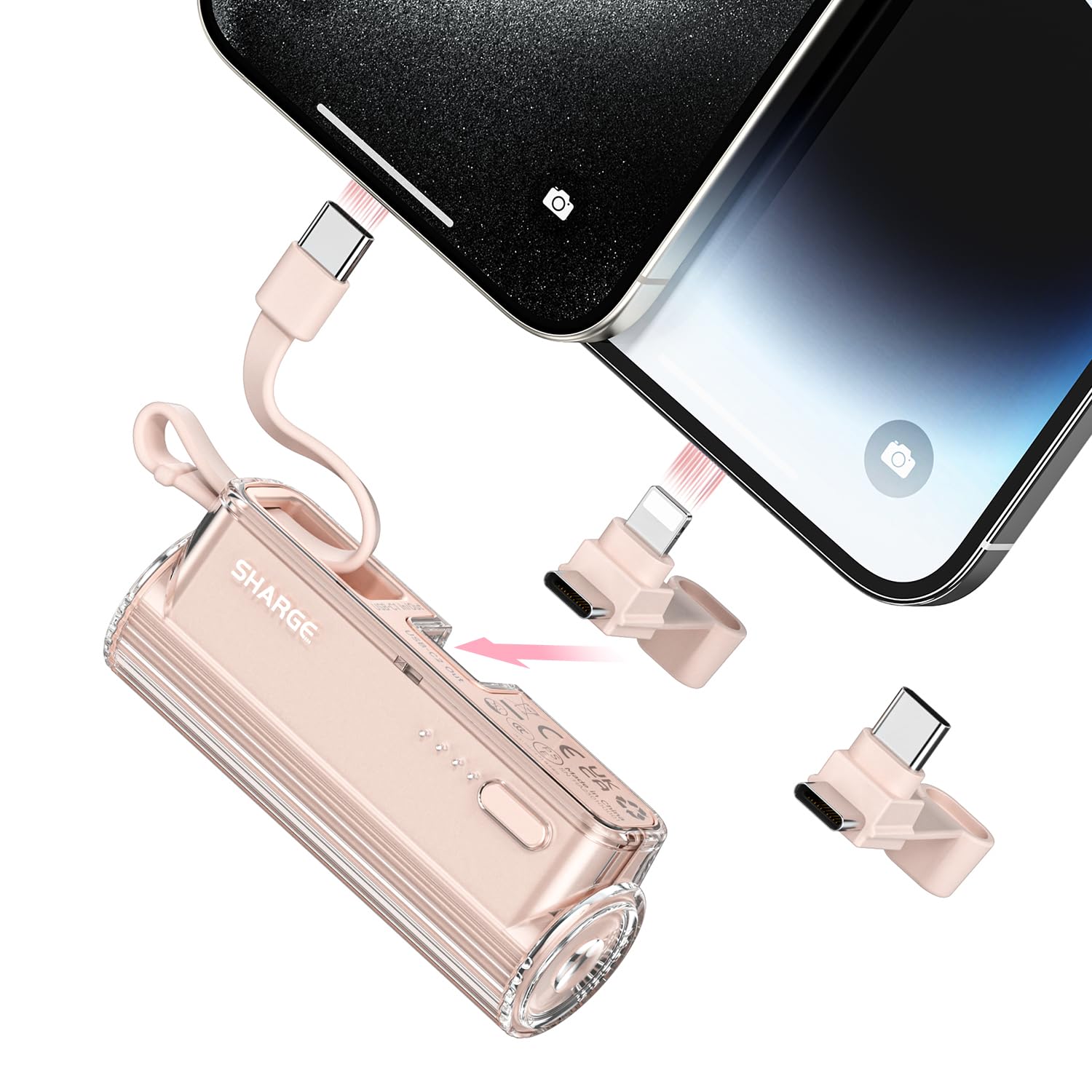 SHARGE Flow Mini cargador portátil, mini banco de energía de 5000 mAh con enchufes dobles y cable integrado, batería externa USB-C Lightning para iPhone 16, 15, 14, Galaxy S23, Note20