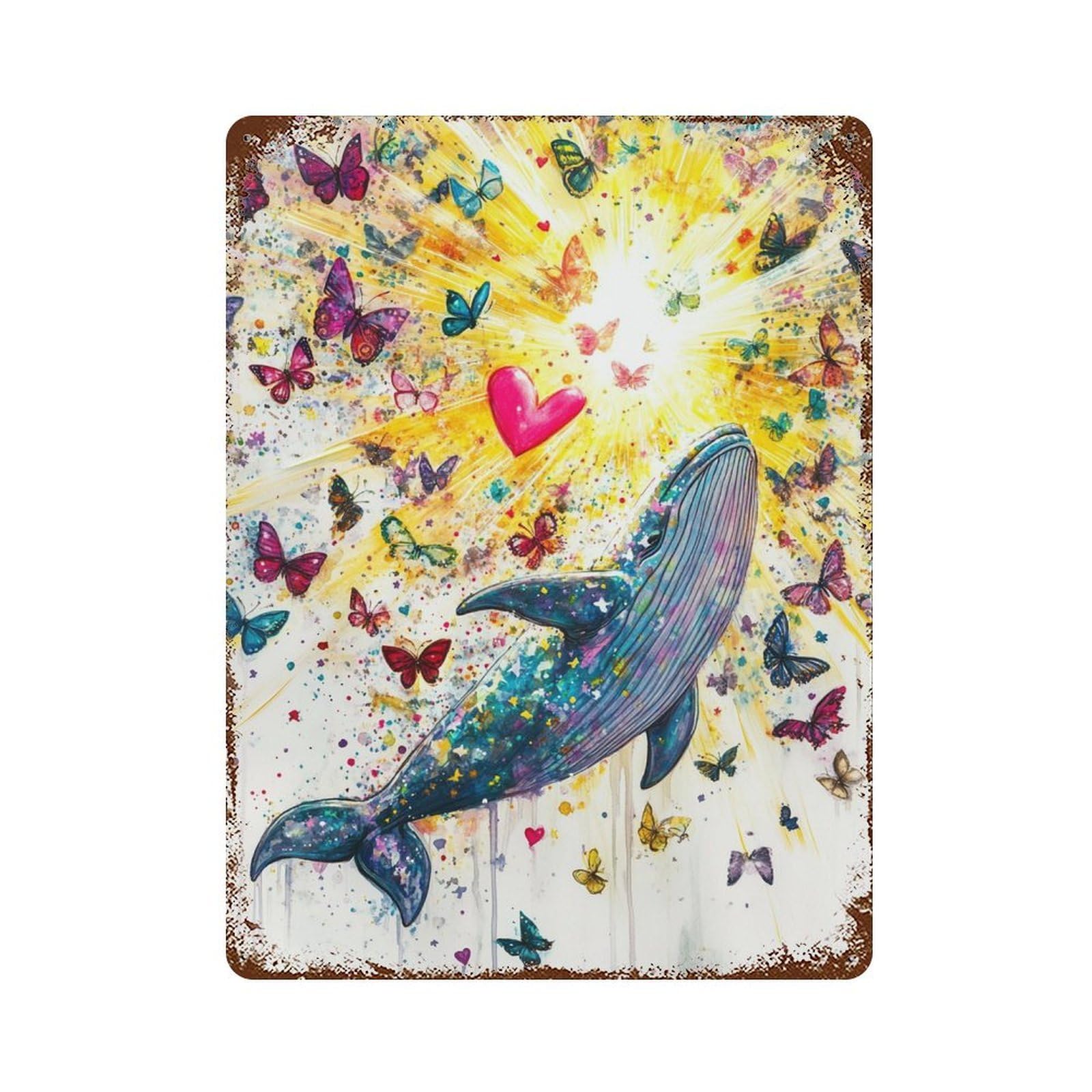 Distressed Metal Wall Sign with Whale Butterflies Heart Painting Design 15.7"x11.8", for Cafe, Home Bar And Lounge Decor, Retro Wall Decor