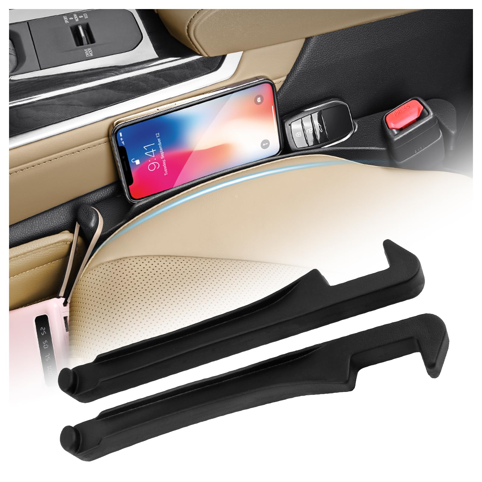 Figpade 2PCS Car Seat Gap Filler Organizer with Side Hooks + Grooves,3 in 1 Car Seat Side Gap Filler for Filling Crevices and Storing Items,Updated No