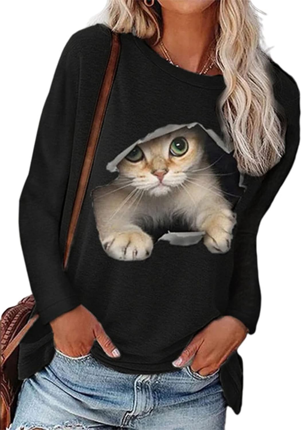 Abtel Women’s Long-Sleeved Top 3D Cat Print Long Sleeve Shirt Crew Neck Loose Long Sleeve T-Shirt Casual Pullover Sweatshirt Women