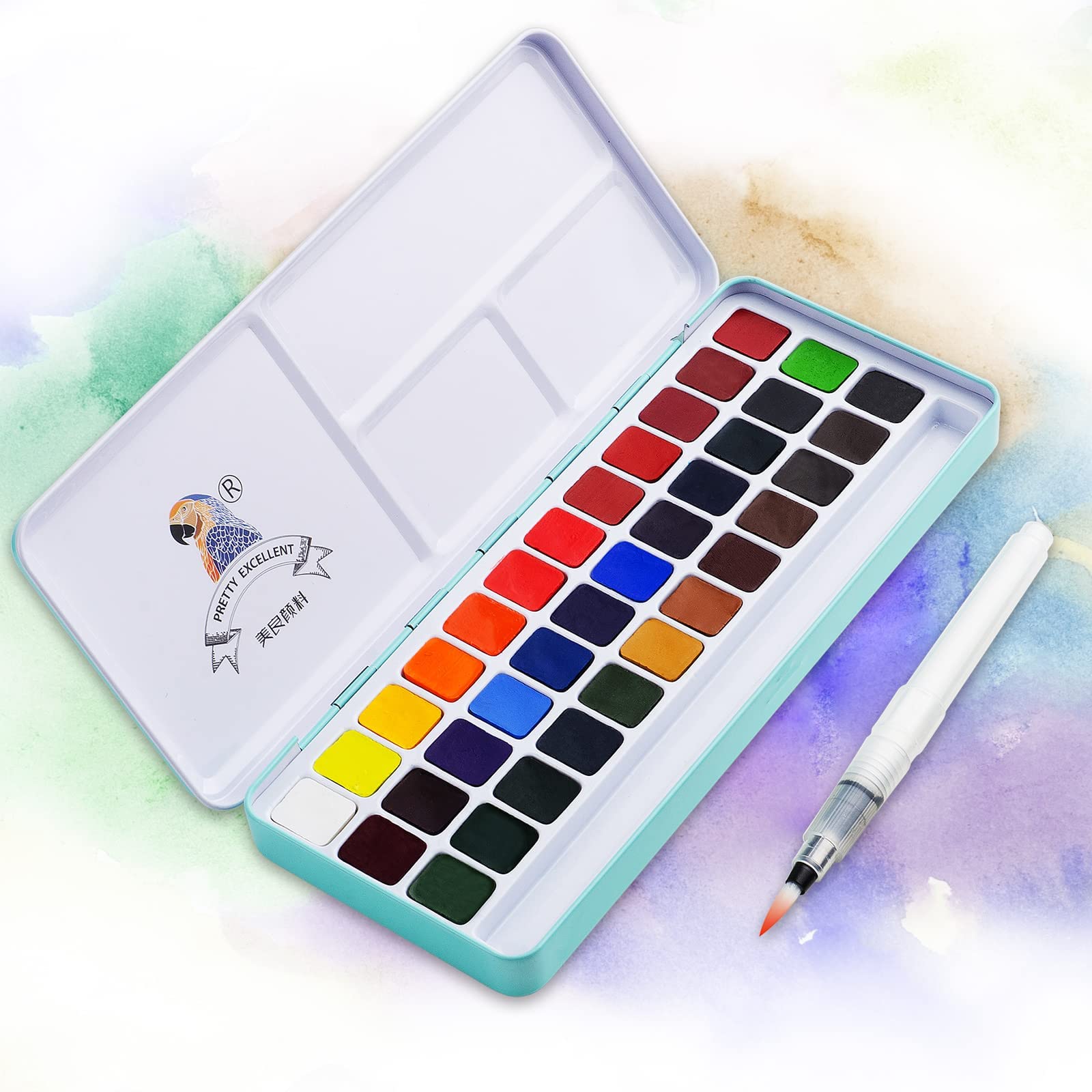 Watercolour Paint Set 36 Vivid Colors in Pocket Box with Metal Ring and Bonus Watercolor Brush, Perfect for Beginners & More