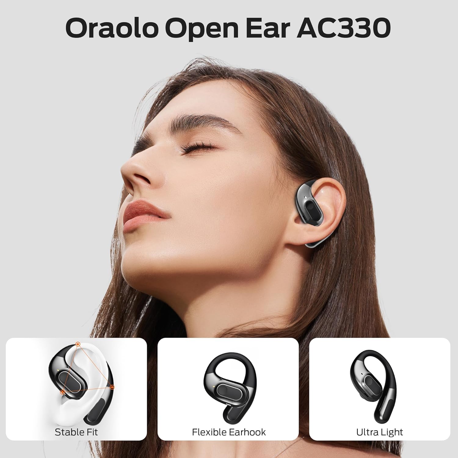 Person wearing oraolo Open Ear E60 Earbuds, showing stable fit, flexible earhook, and ultra-light design