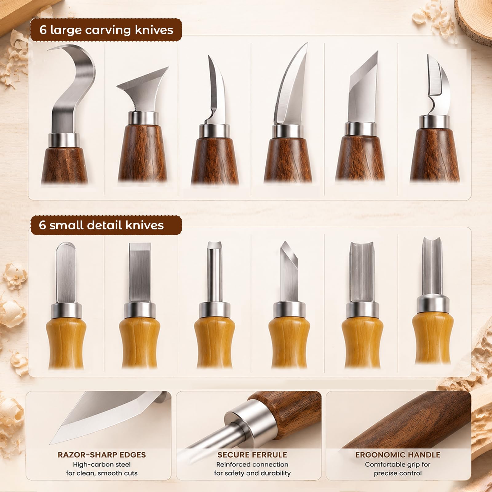30 Stück Holz Schnitzwerkzeug Set, Feines Schnitz Set, 12 Schnitzmesser mit Schnittfeste Handschuhe, Mattiertes Papier, Schleifsteine, für Anfänger, Profis, DIY Bastelbegeisterte