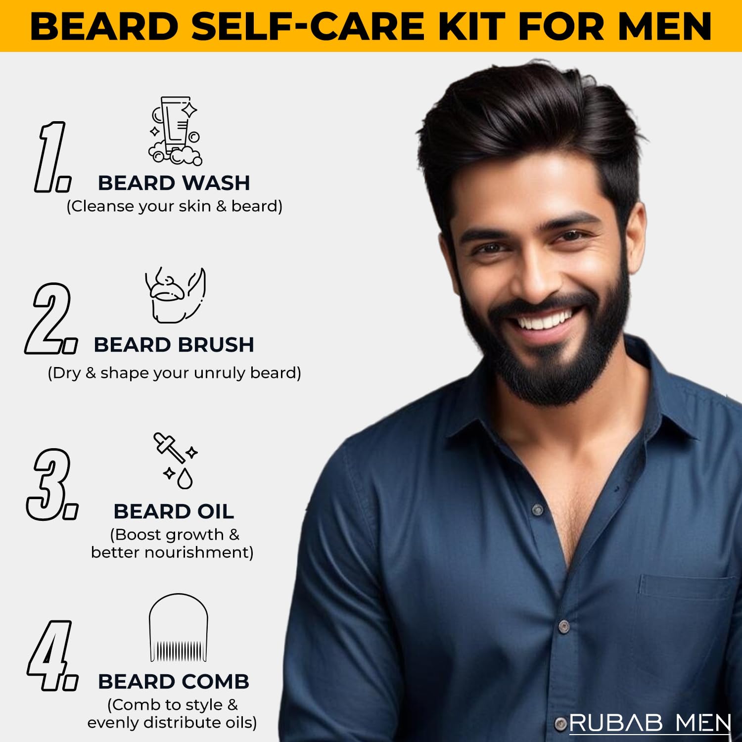 Rubab Men 4-in-1 Beard Kit for Men| Advance Beard Growth Oil, Face & Beard Wash, Beard Brush & Wooden Beard Comb| Everyday Beard Grooming Care - Image 3 thumbnail