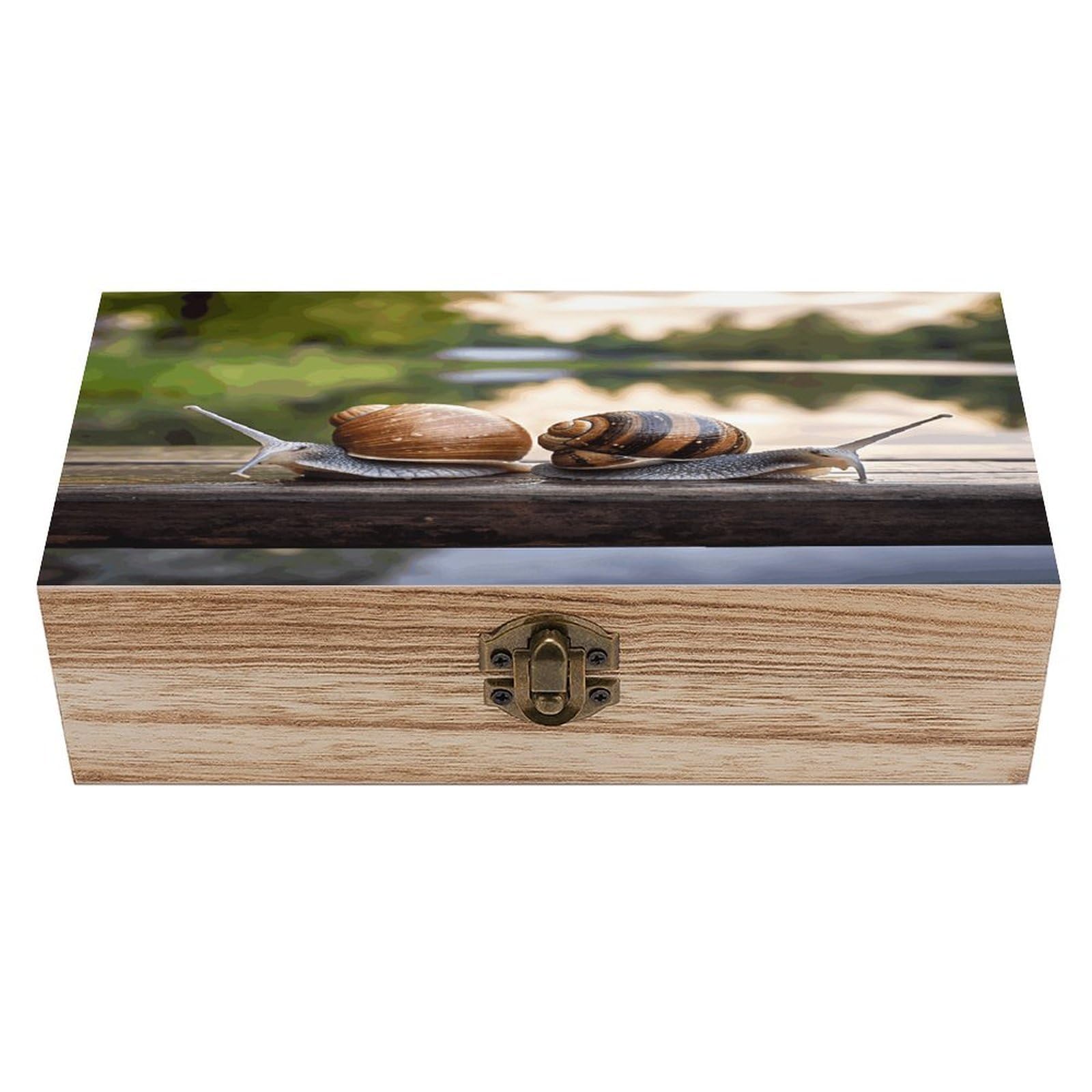 JTREHY Two Snails on The Bench Wooden Storage Box Exquisite Durable Wood Gift Case Sturdy Vintage Jewelry Wooden Chest for Art Hobbies Storage Keepsake Gift