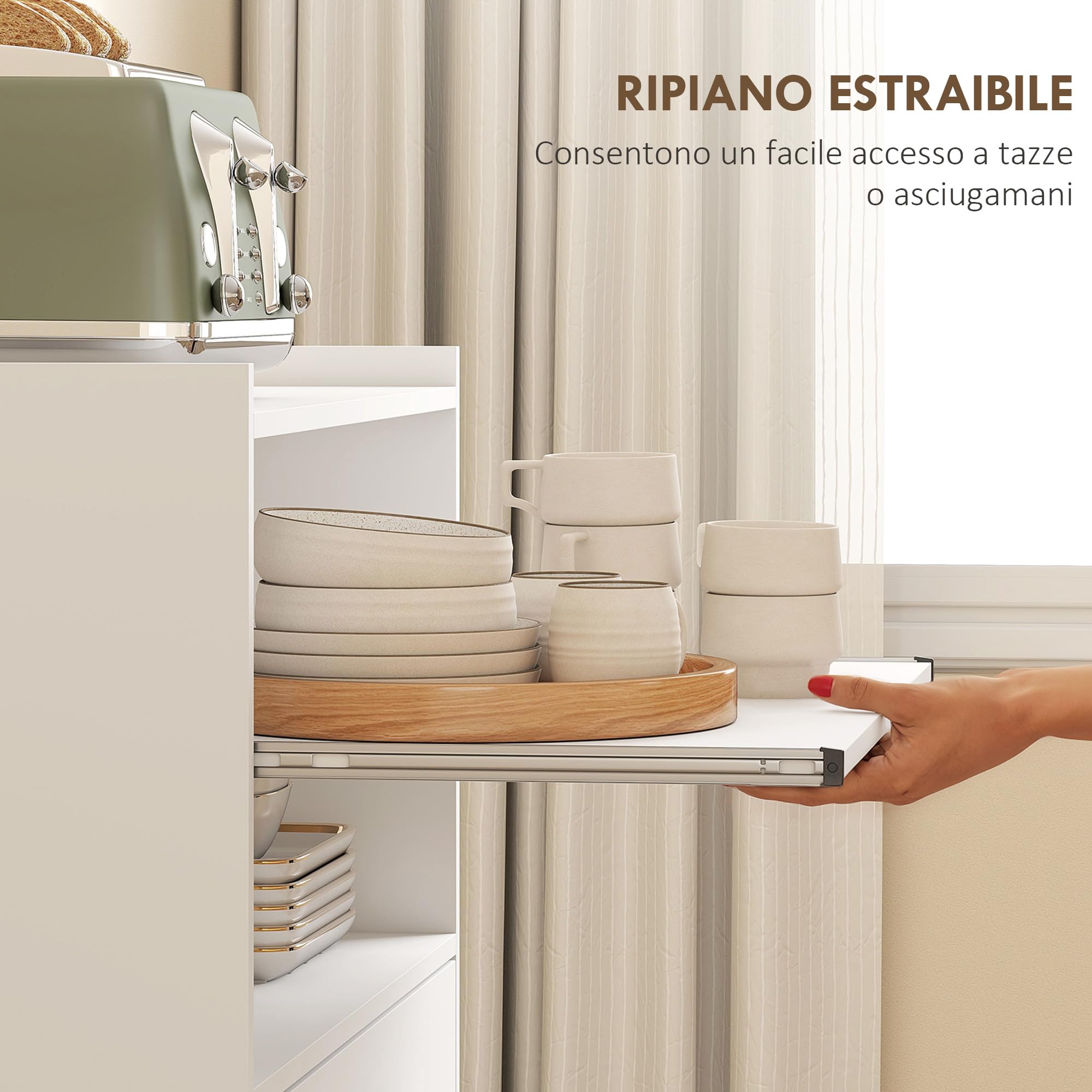 HOMCOM Mobile Microonde con Ruote, Credenza Cucina con Cassetto, Piano per Elettrodomestici, Armadietto a 2 Ante, Ripiano Estraibile e Ripiano Aperto, Carrello Cucina per Soggiorno, 59x40x92cm, Bianco