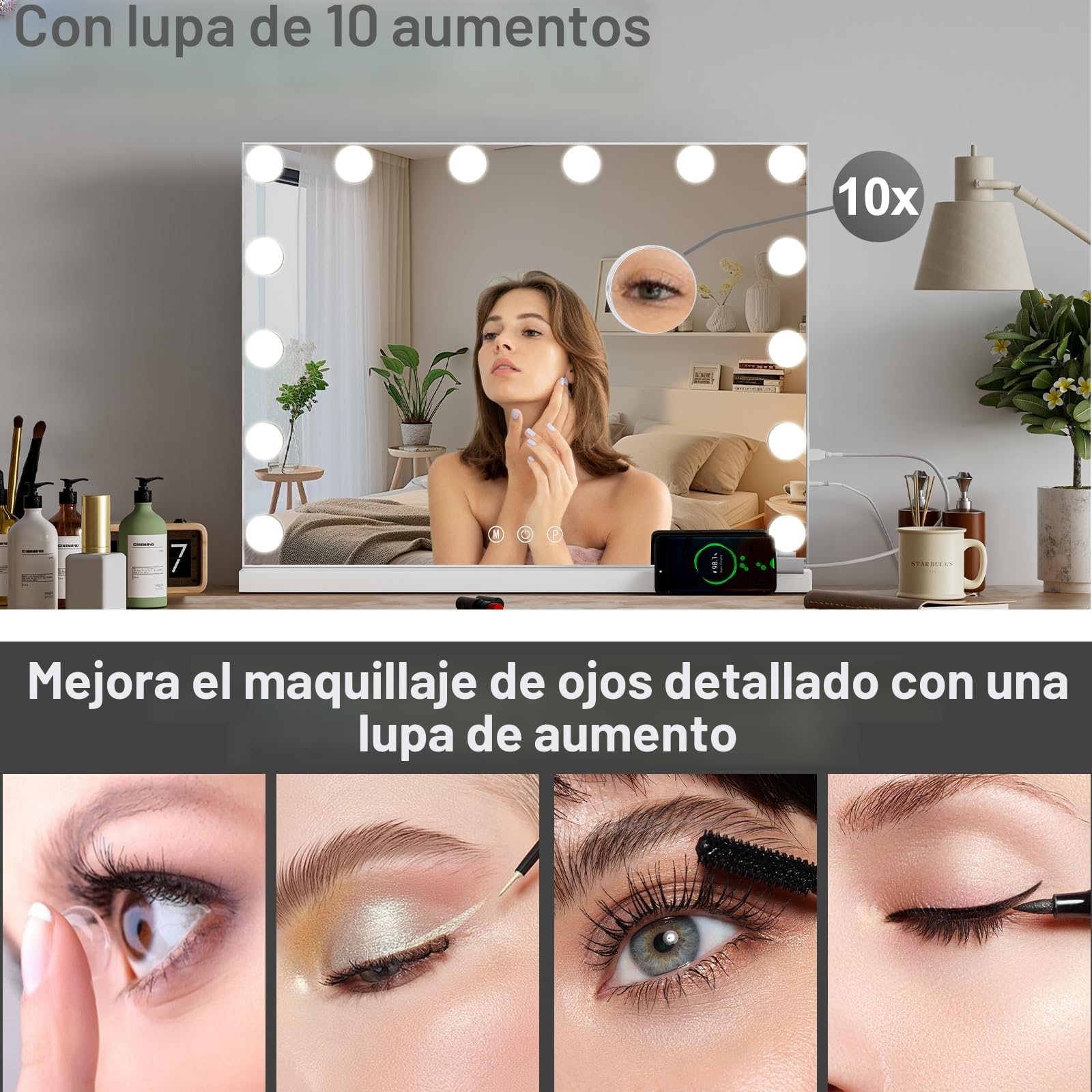 Espejo Hollywood con iluminación LED, 14 Luces, 3 Modos, USB, 10 aumentos, Mesa/Soporte Pared Dormitorio