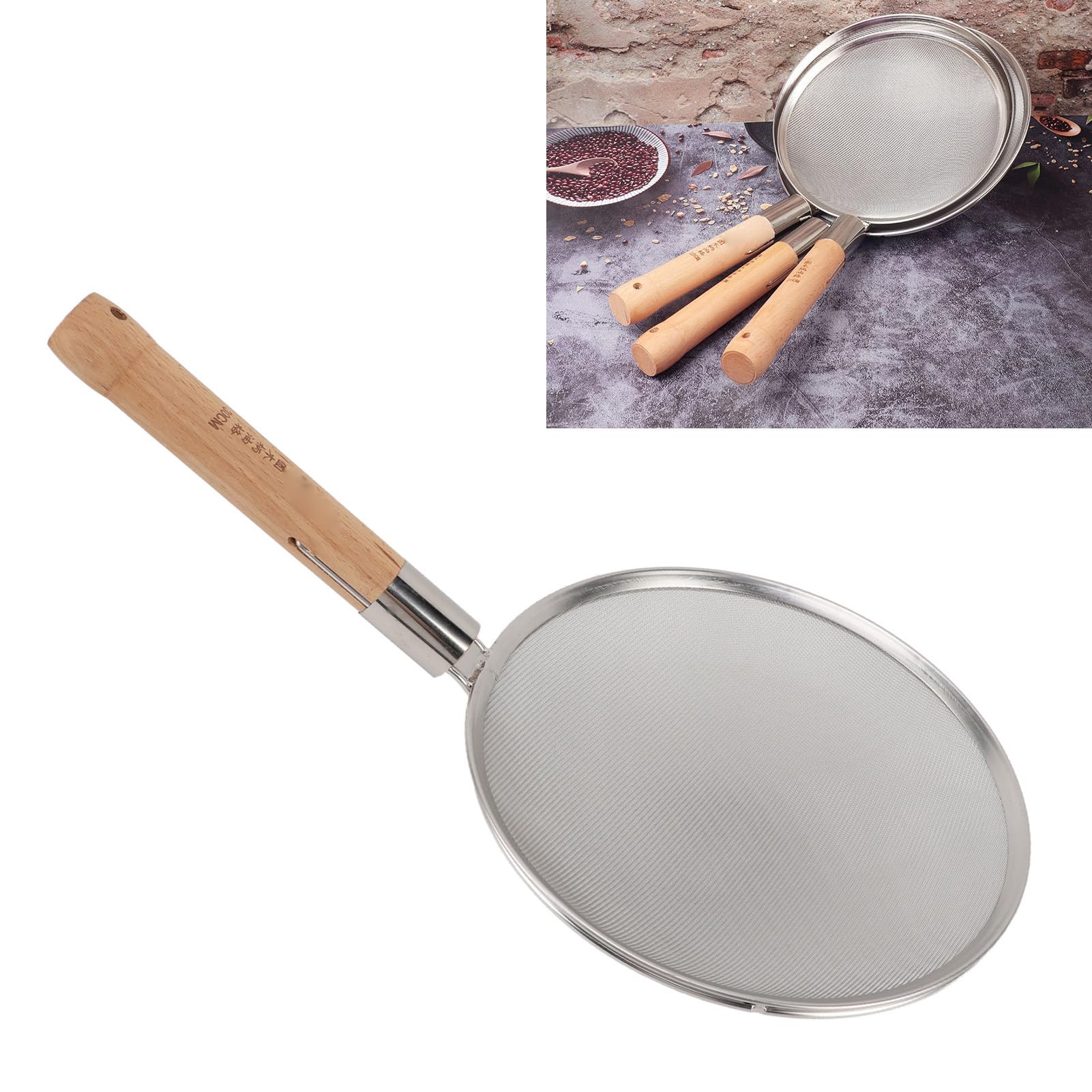 Schaumlöffel-Sieb, Feinmaschiger Schaumlöffel mit Holzgriff, Edelstahl 304, Leicht, Tragbar, Großer Schaumlöffel Zum Kochen und Braten (30 cm Durchmesser)