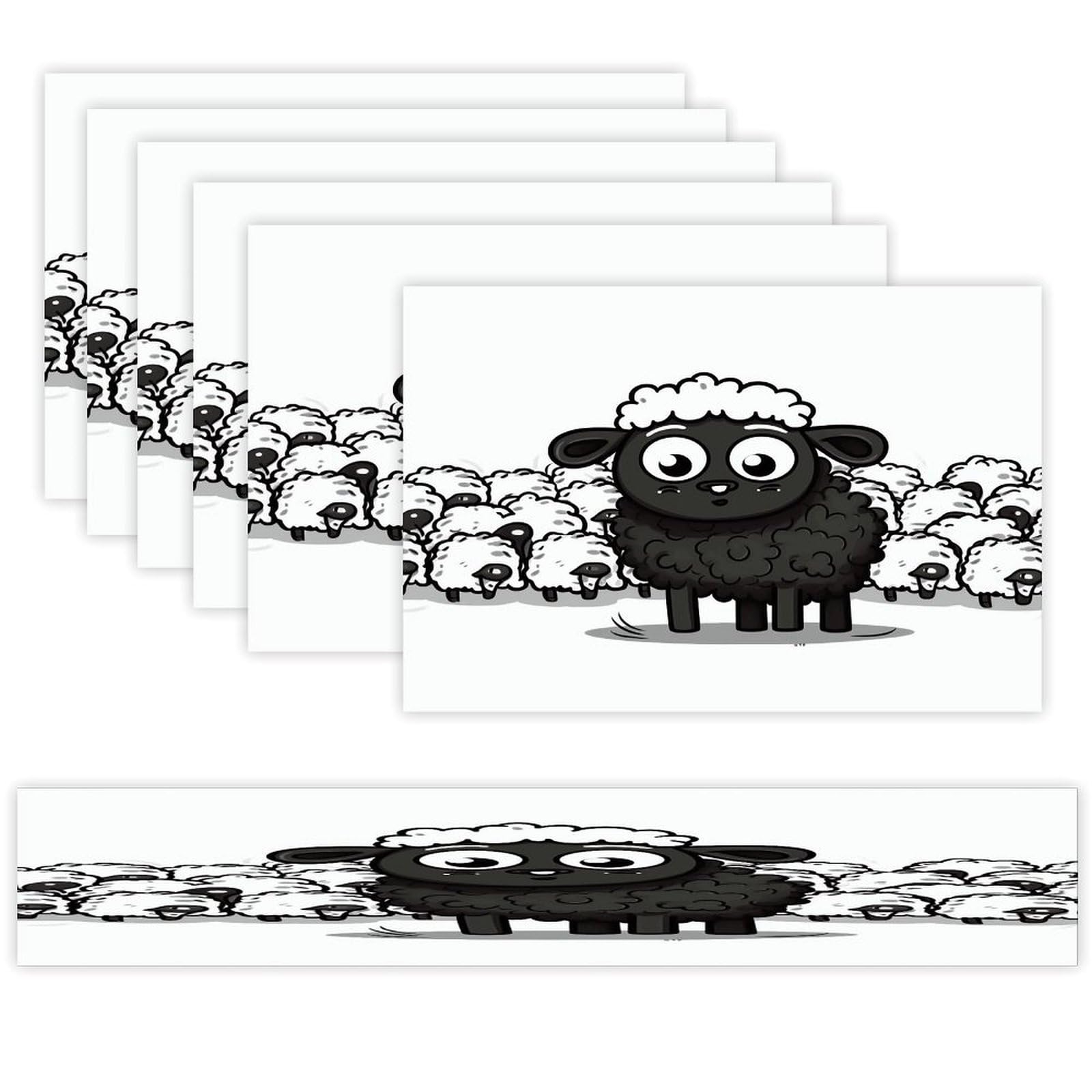 Cartoon Black White Sheep Table Runner and Placemats of 6 Washable Heat Resistant Place Mats with Table Runner Vintage Holiday Table Mat Set for Holiday Party Kitchen Dining Deco