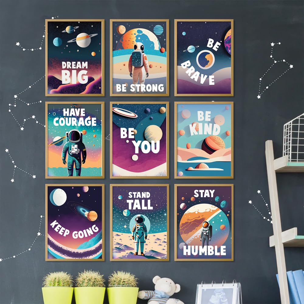 9-Piece Outer Space Wall Art Set - Inspirational Posters With Planets, Rockets & Quotes For Kids Room Decor