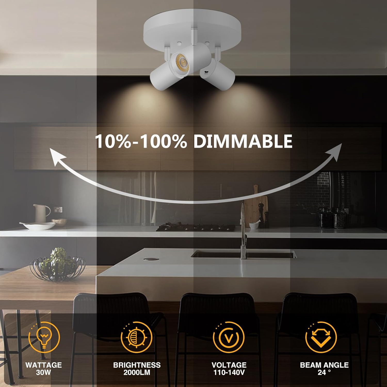 VANoopee 5 Color 3 Light LED Ceiling Spot Light Indoor Flush Mount Directional Adjustable Spotlight Fixtures Close to Ceiling for Kitchen Hallway Modern LED Track Lighting Kit Dimmable 30W Matte White