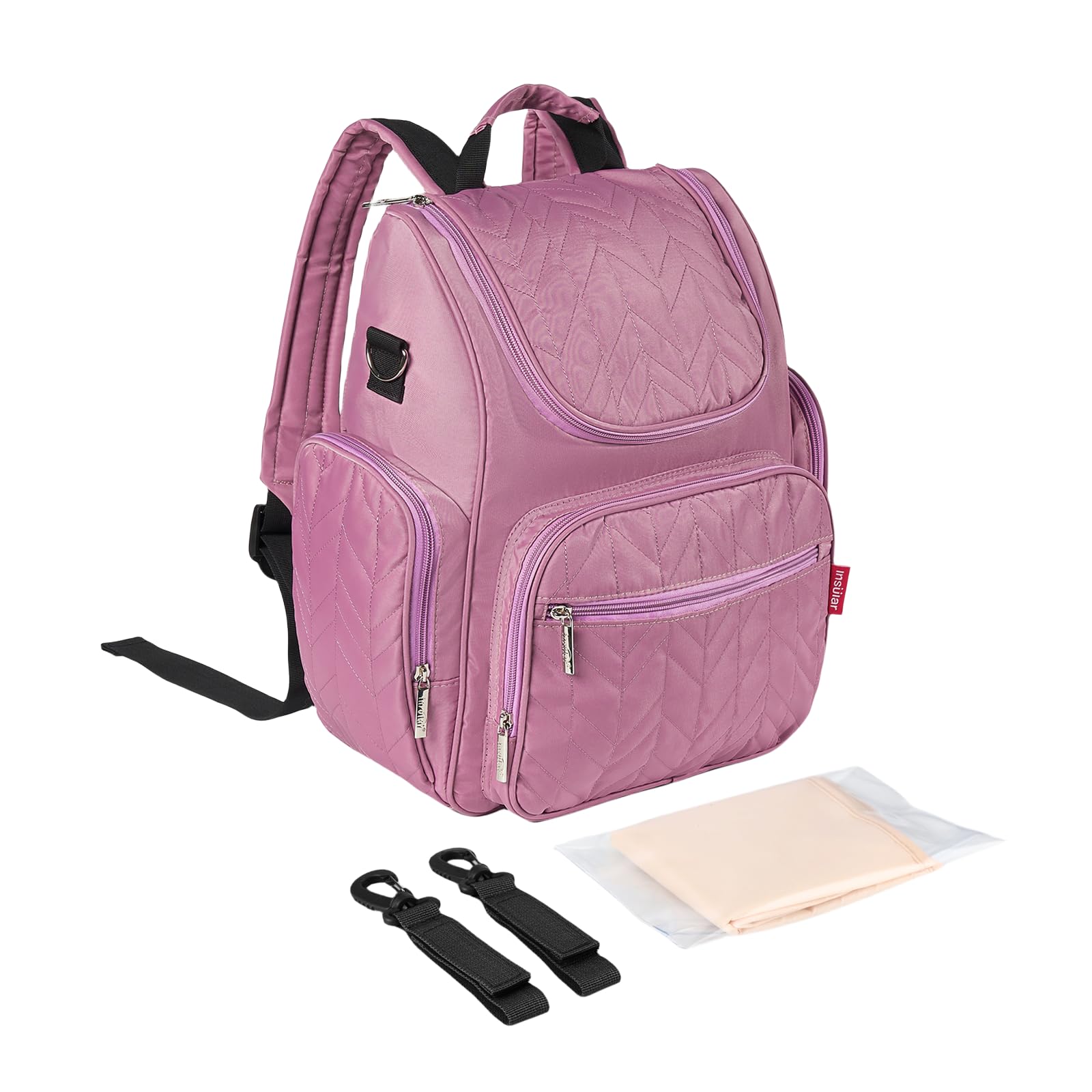 insular Diaper Bag Backpack, Multi-Function Travel Back Pack, Waterproof Changing Bag for Mom Girls, Large Capacity Baby Bag with Stroller Straps and Changing Pad, Light Purple