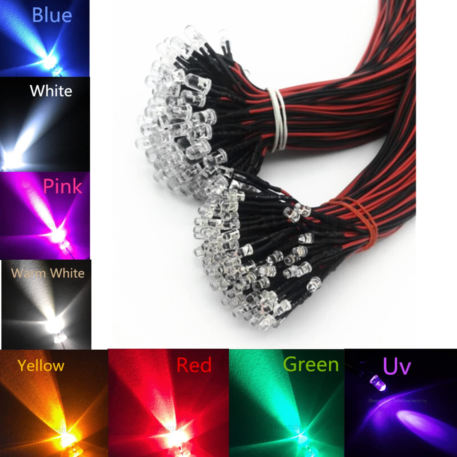 20pcs Pre-Wired 3mm LED Lights | Assorted Colors (Red, Yellow, Blue, Green, White) | 20cm Wires | 9V-12V DC
