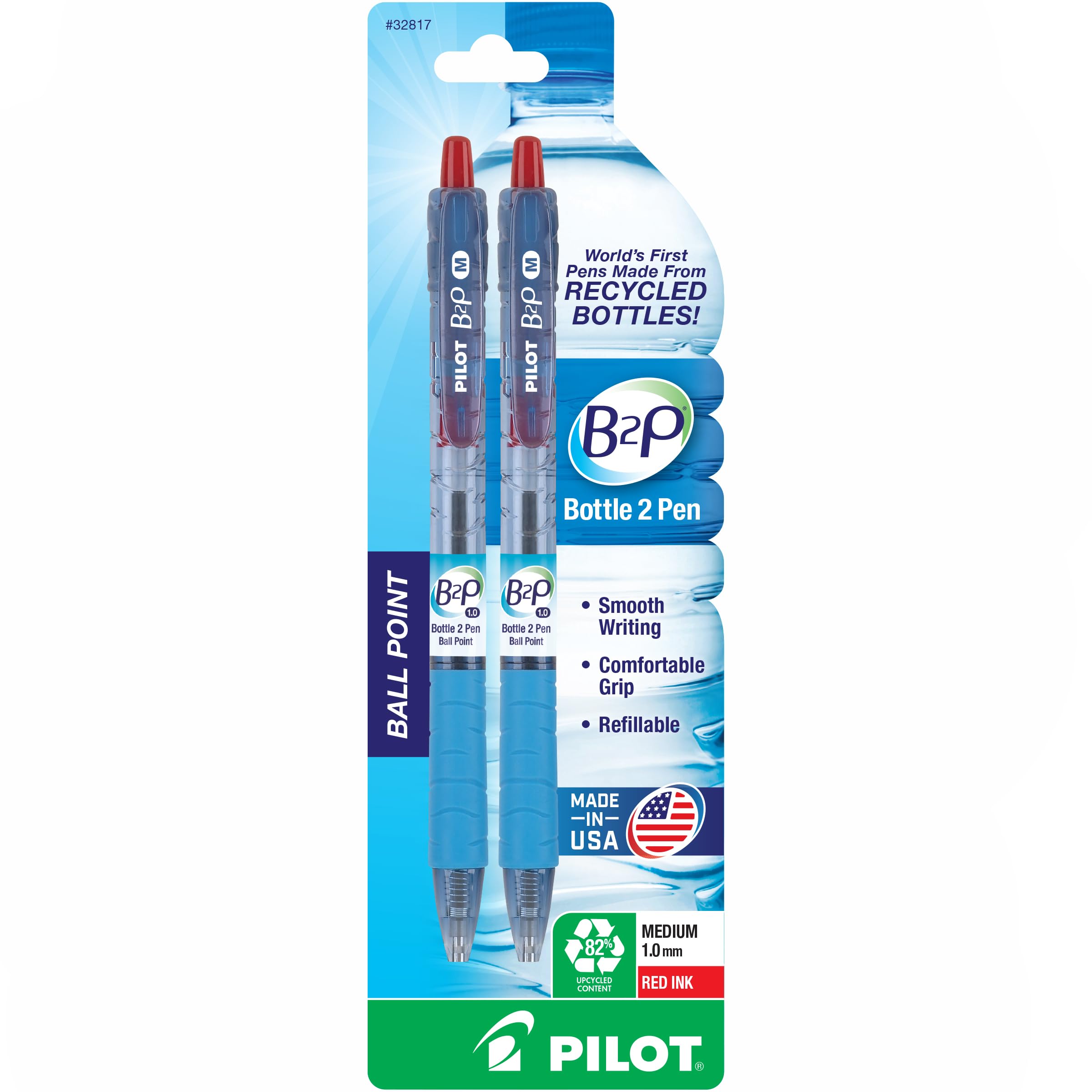 PILOTB2P - Bottle to Pen Refillable & Retractable Ball Point Pen Made From Recycled Bottles, Medium Point, Red Ink, 2-Pack (32817)