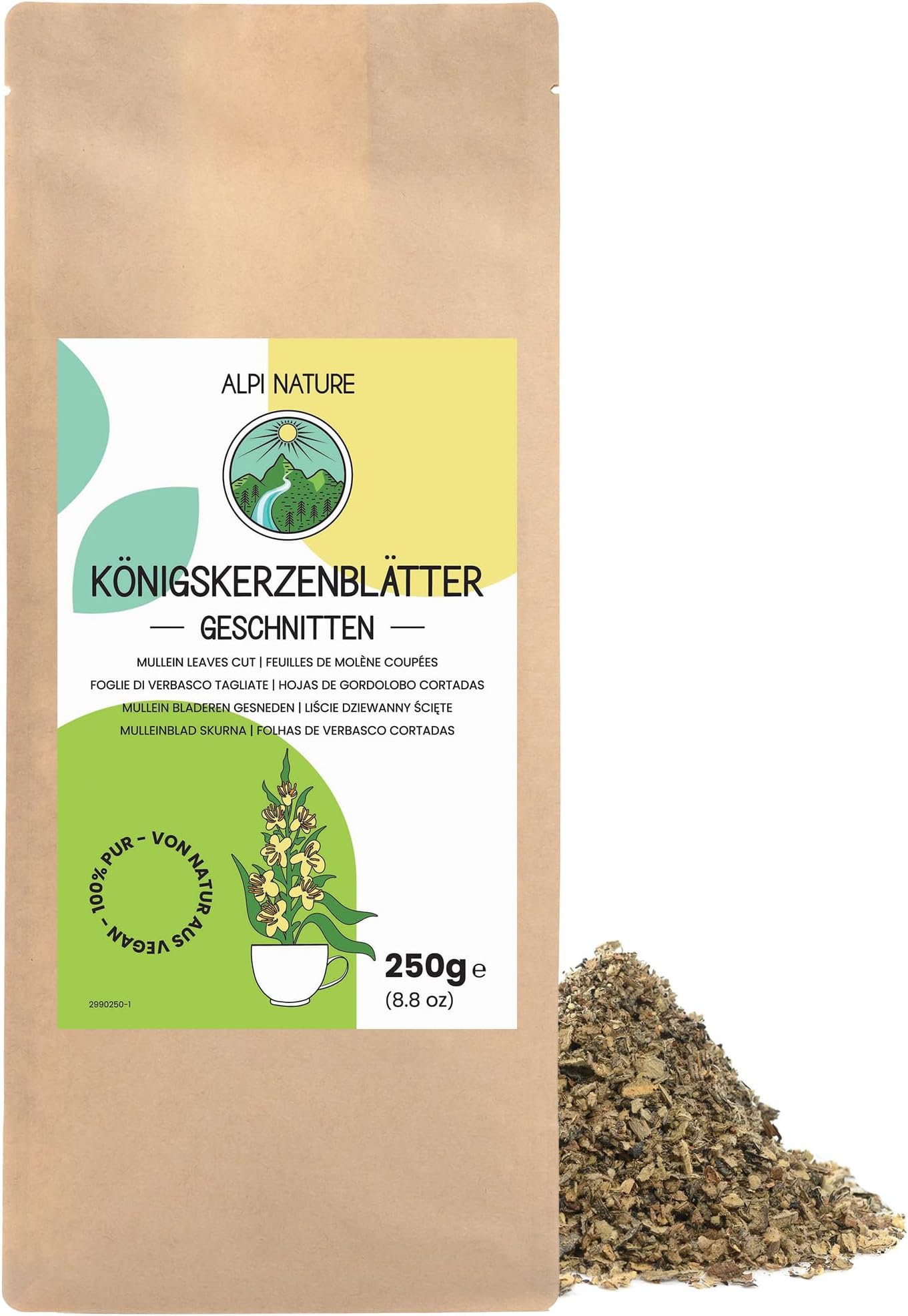 Alpi Nature Mullein Tea 250g 8.8 oz, Dried and Cut Mullein Leaves, Herbal Loose Leaf Tea
