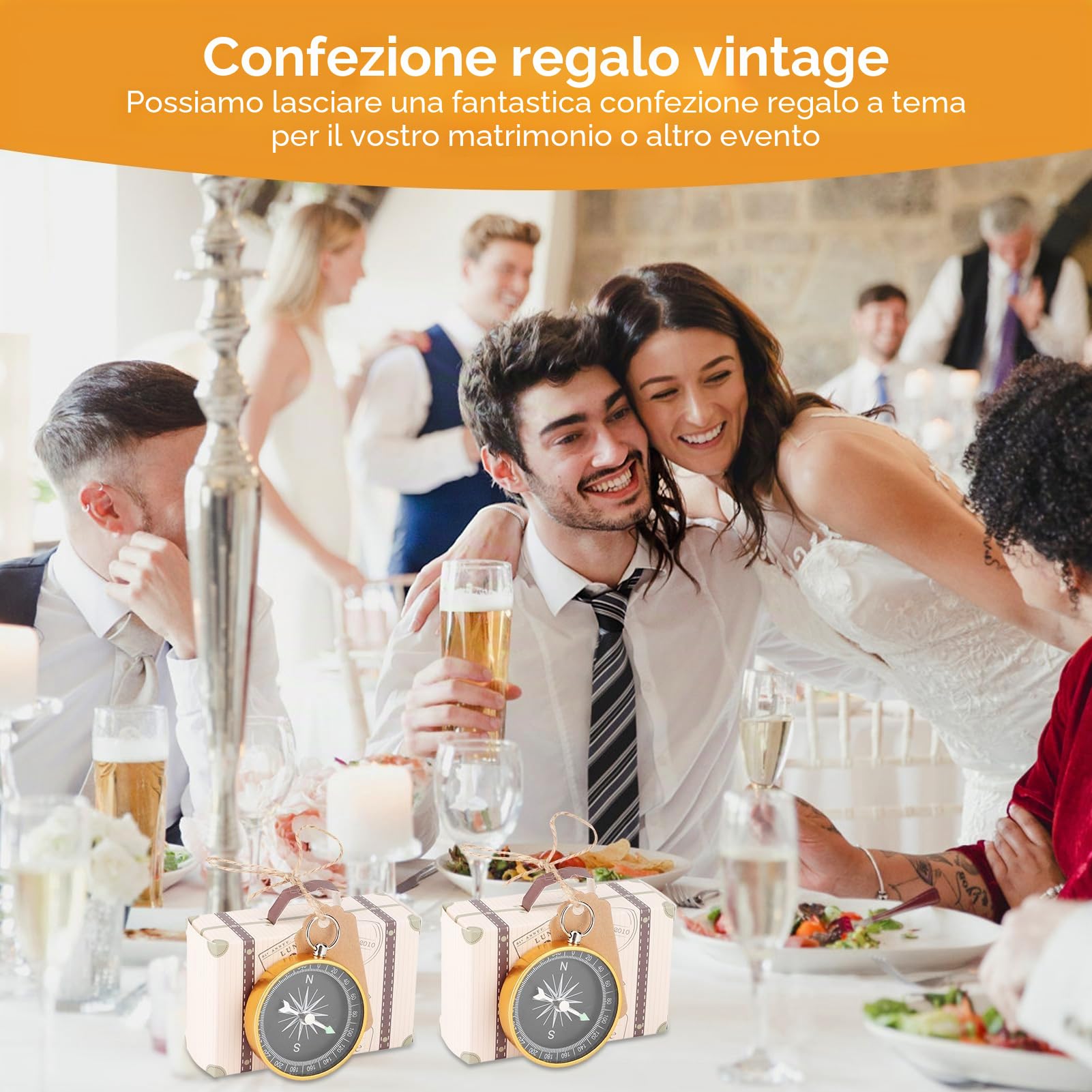 Mini Scatola Portaconfetti Valigia da 60 Pezzi, Scatola Portaconfetti da Viaggio Per Bomboniere in Cartone Kraft con Etichette, Spago di Tela E Bussola Per Feste a Tema Viaggi[Oro]
