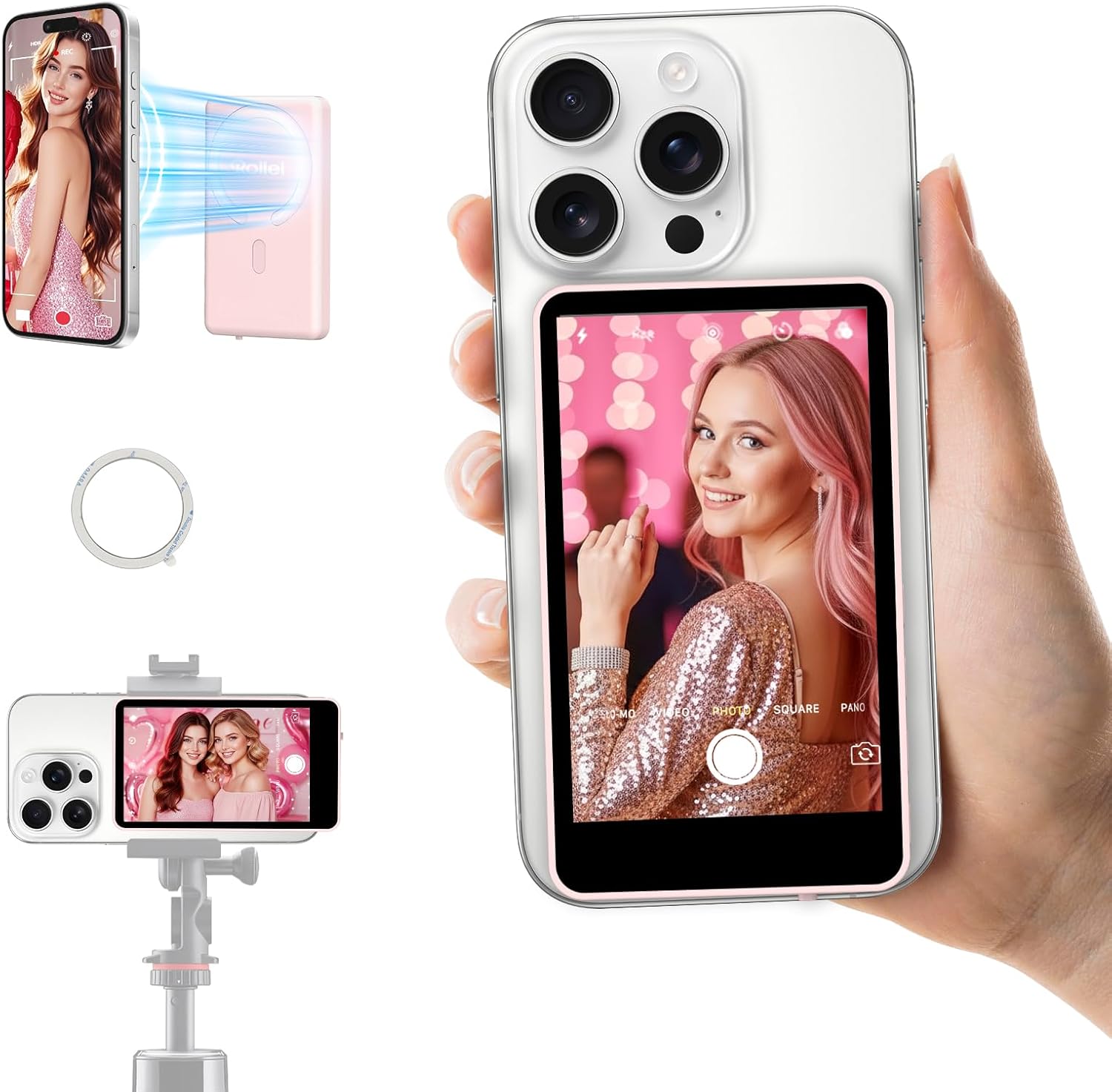 Rollei M4 Selfie Monitor Screen for iPhone 17 Series & Android, 4K Magnetic Back Camera Monitor 164FT Wireless Control, Vlog Screen for Live Streaming & Video Recording (Pink)