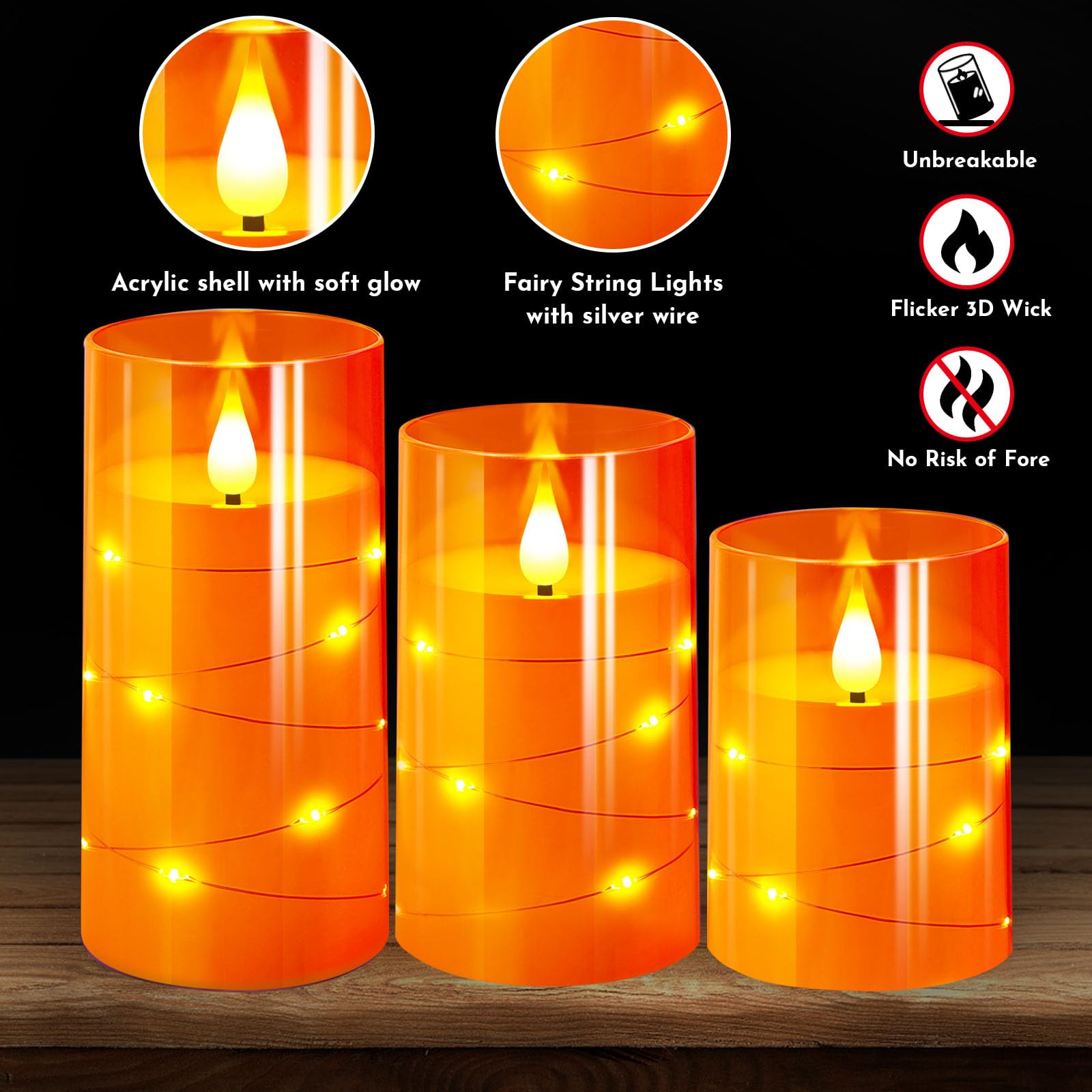 NURADA Flammenlose Kerzen mit Fernbedienung-Timer: Eingebaute Stern-Lichterkette, 3D-Docht, batteriebetrieben, flackernde LED-Kerzen für Halloween, Thanksgiving, Esstische, Herbst, Heimdekoration