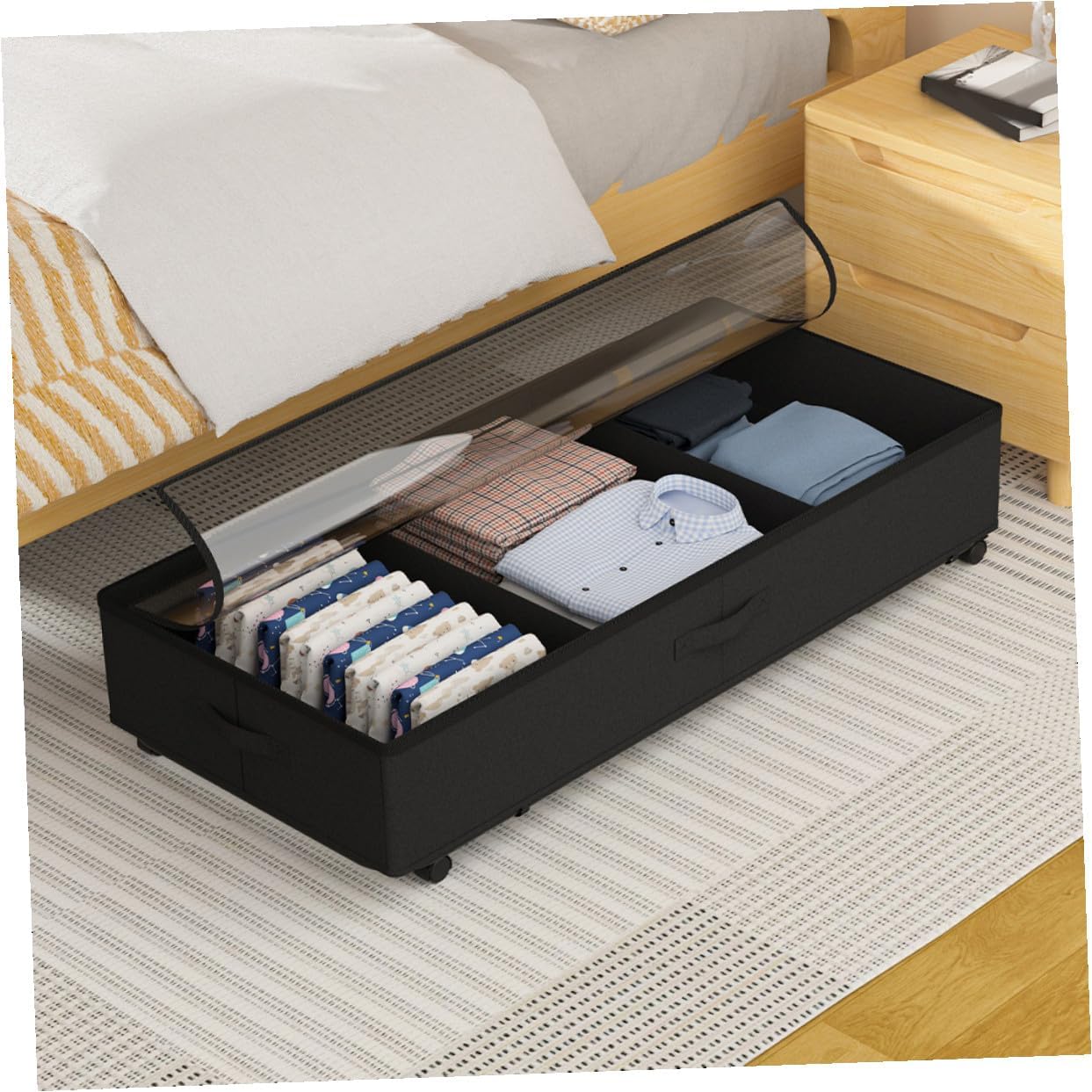 Healifty -bed Storage Box with Wheels 3-compartment Oxford Cloth Organizer Large Capacity Dustproof Zippered Clothes and Storage for Bedroom