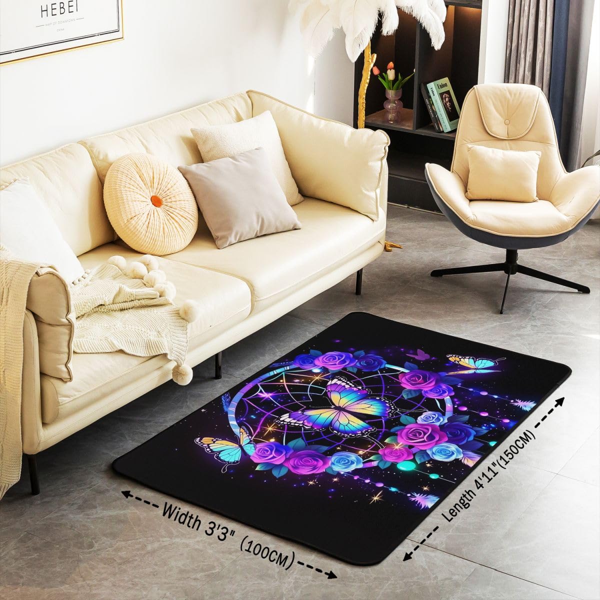 Homewish Traumfänger Rugs for Living Room 150x200 Lila Rosen Schmetterling Teppich Mystischer Traumfänger Schlafzimmer Teppiche Feder Blumen Galaxie Wohnzimmer Carpet Pflegeleicht