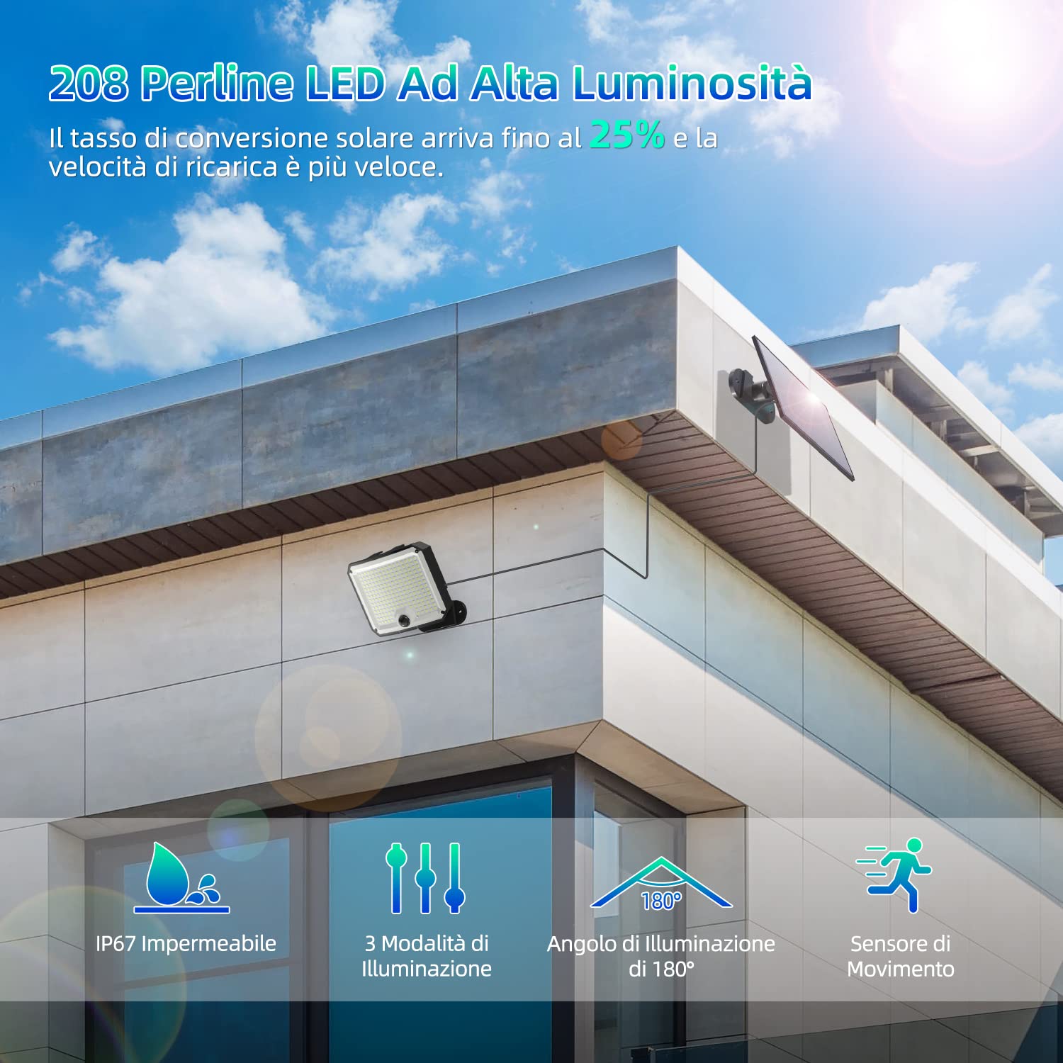 Lampada Solare per Esterni [208LED/3Modes] Luce Solare Led Esterno con Sensore di Movimento,IP67 Impermeabile Faretti Solari a LED da Esterno con Telecomando,Illuminazione di 180°,con Cavo da 5M