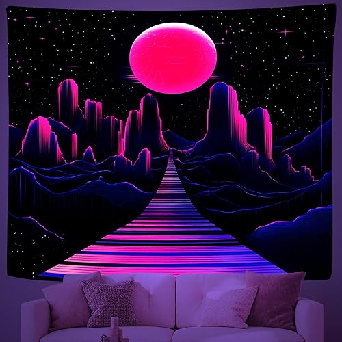 Blacklight Neon Synthwave Tapestry - Glow in the Dark Space Planet Grid Mountains Tapestries Retro 80s Upright Posters Wall Hanging Room Decor for