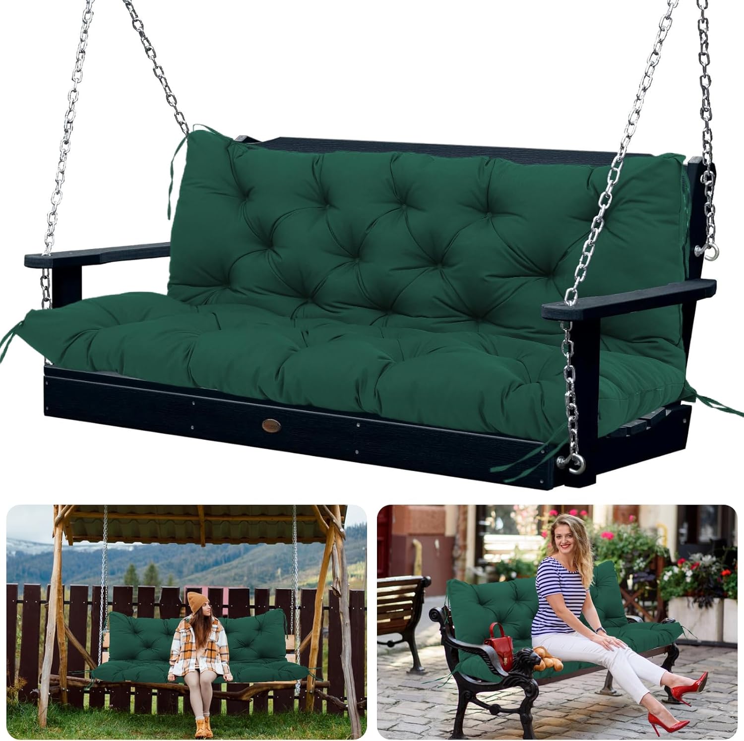 Outdoor Porch Swing Cushions 60x40 inch Waterproof Bench Cushion with Backrest Extra Thick 5" Replacement Cushions for Swing Outdoor Furniture Bench Patio Garden Backyard (Dark Green 60x40x5inch) Dark Green 60 x 40 x 5 inches