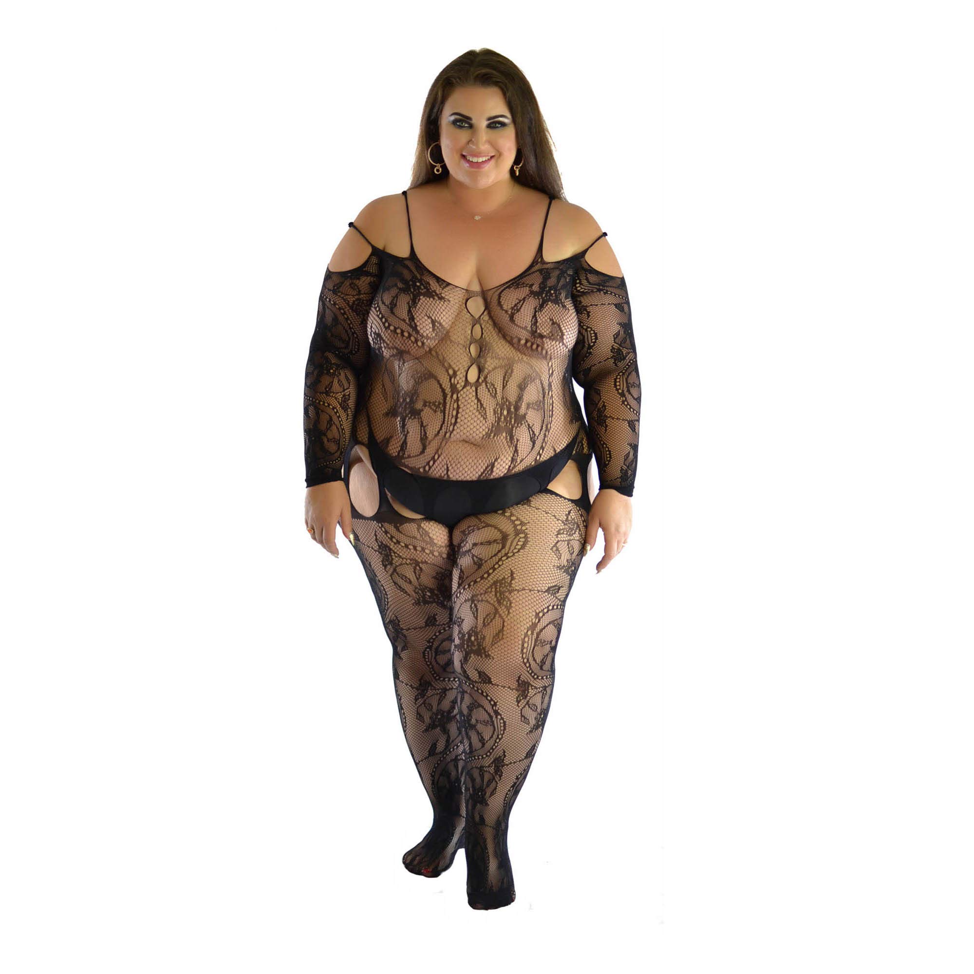PRINCESS LACE BOUTIQUE Sleeve Crotchless Bodysuit Bodystocking Plus (UK 6-28 + Black FXX)