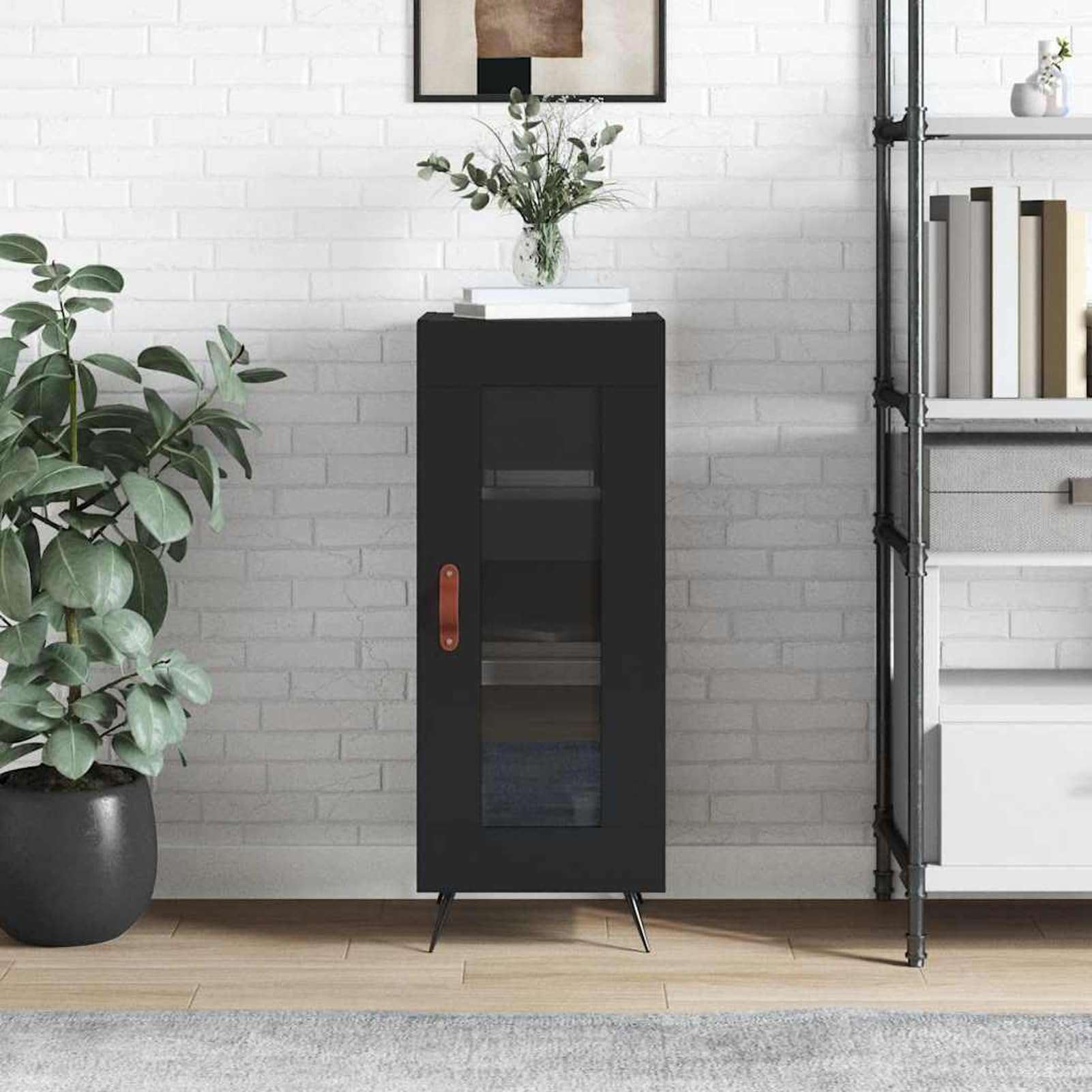 Kredens czarny, 34,5 x 34 x 90 cm, wykonany z materiału drewnopochodnego, metalu i szkła – zajmuje mało miejsca design do nowoczesnego wystroju